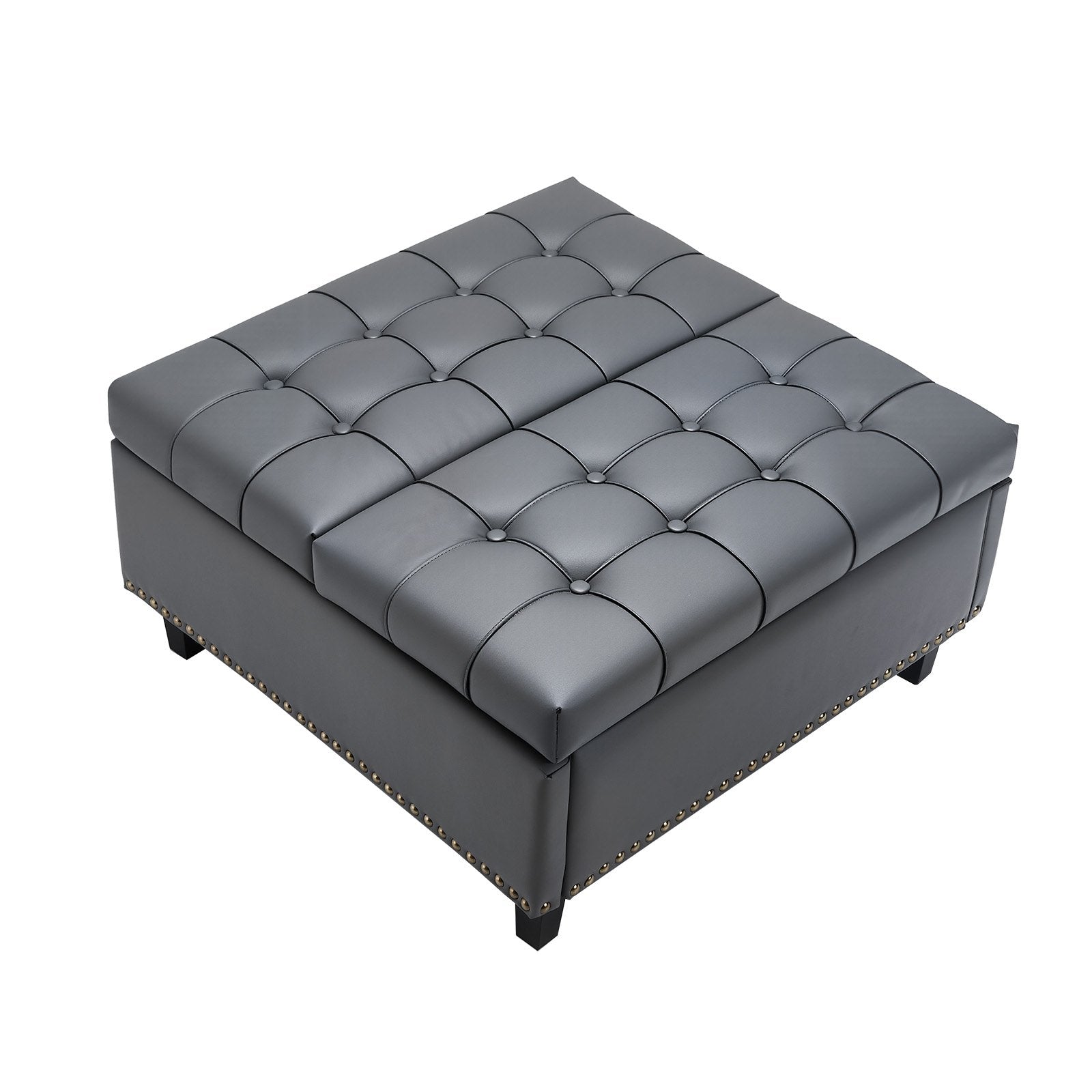 31" Square Grey Ottoman with Storage – Upholstered Coffee Table, Lift-Top, PU Leather, Tufted Design, Living Room & Bedroom Essentials