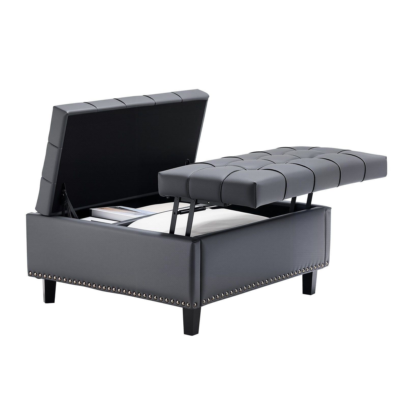 31" Square Grey Ottoman with Storage – Upholstered Coffee Table, Lift-Top, PU Leather, Tufted Design, Living Room & Bedroom Essentials
