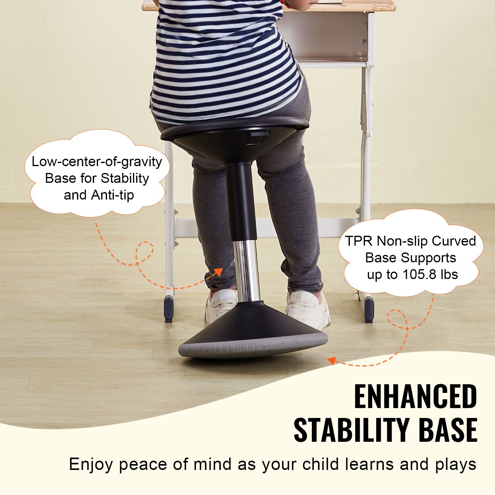 Height-Adjustable Wobble Chair for Teens, PVC+ABS Active Stool, Enhances Focus & Posture, School & Office Use, 360° Swing, Black