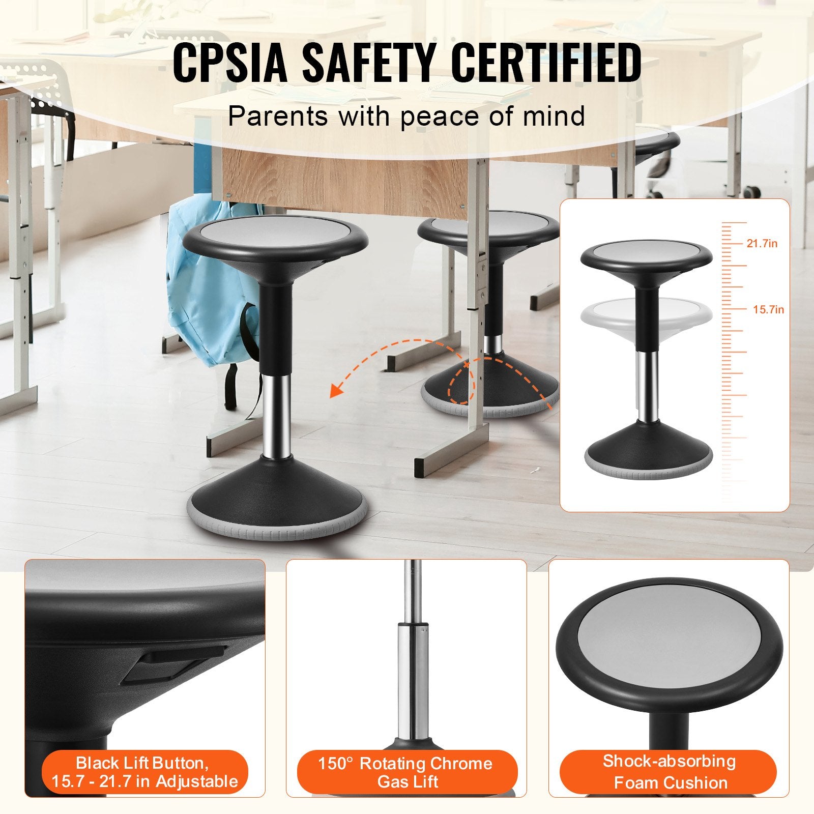 Height-Adjustable Wobble Chair for Teens, PVC+ABS Active Stool, Enhances Focus & Posture, School & Office Use, 360° Swing, Black