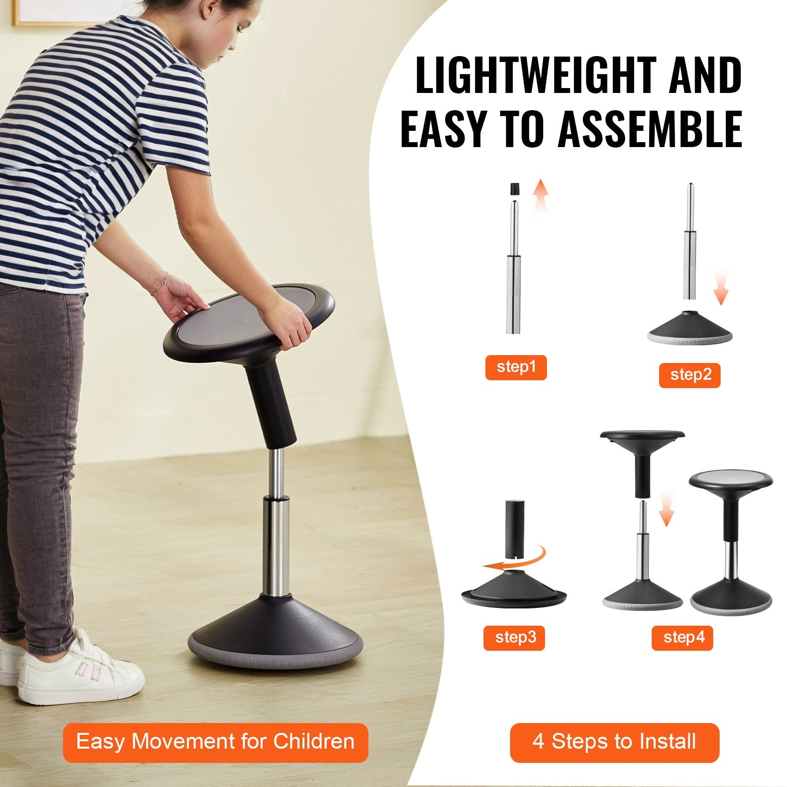 Height-Adjustable Wobble Chair for Teens, PVC+ABS Active Stool, Enhances Focus & Posture, School & Office Use, 360° Swing, Black