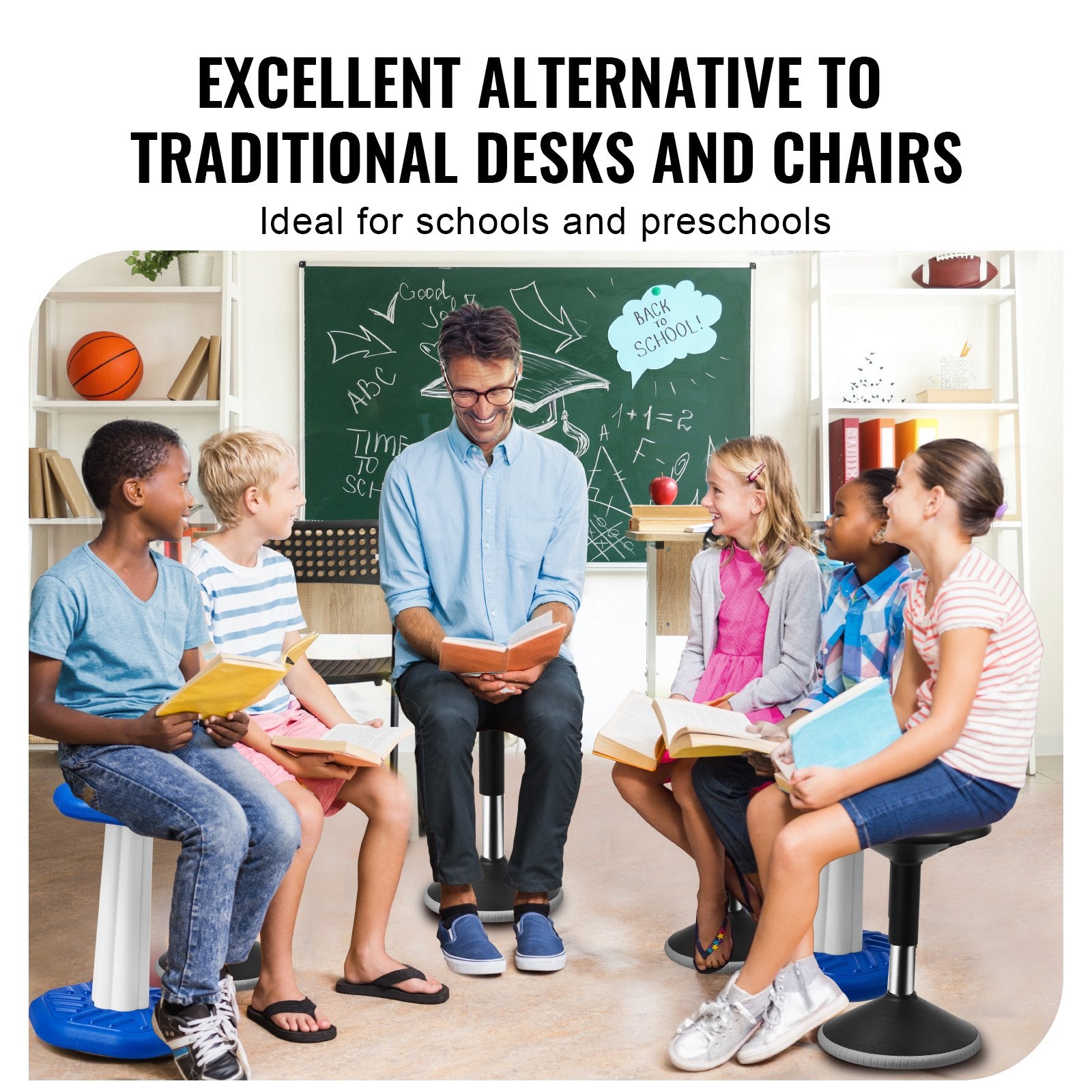 Height-Adjustable Wobble Chair for Teens, PVC+ABS Active Stool, Enhances Focus & Posture, School & Office Use, 360° Swing, Black
