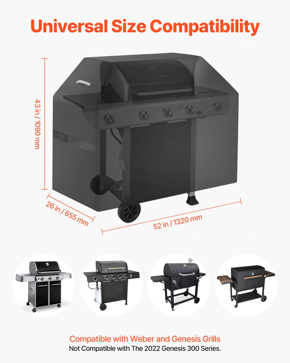 Heavy Duty 52-Inch Grill Cover for Outdoor BBQs - Waterproof, Fade & Weather Resistant, Hook-and-Loop Straps, Fits Weber & More