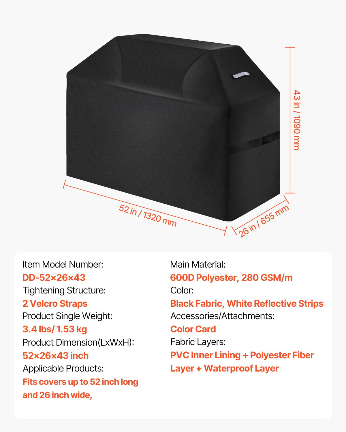 Heavy Duty 52-Inch Grill Cover for Outdoor BBQs - Waterproof, Fade & Weather Resistant, Hook-and-Loop Straps, Fits Weber & More