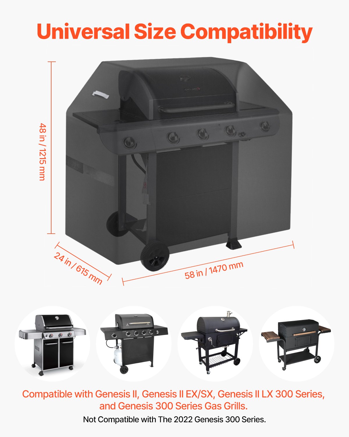 Heavy Duty 58-Inch BBQ Grill Cover - Waterproof, Fade & Weather Resistant 600D Polyester with Hook-and-Loop Straps, Fits Genesis Series