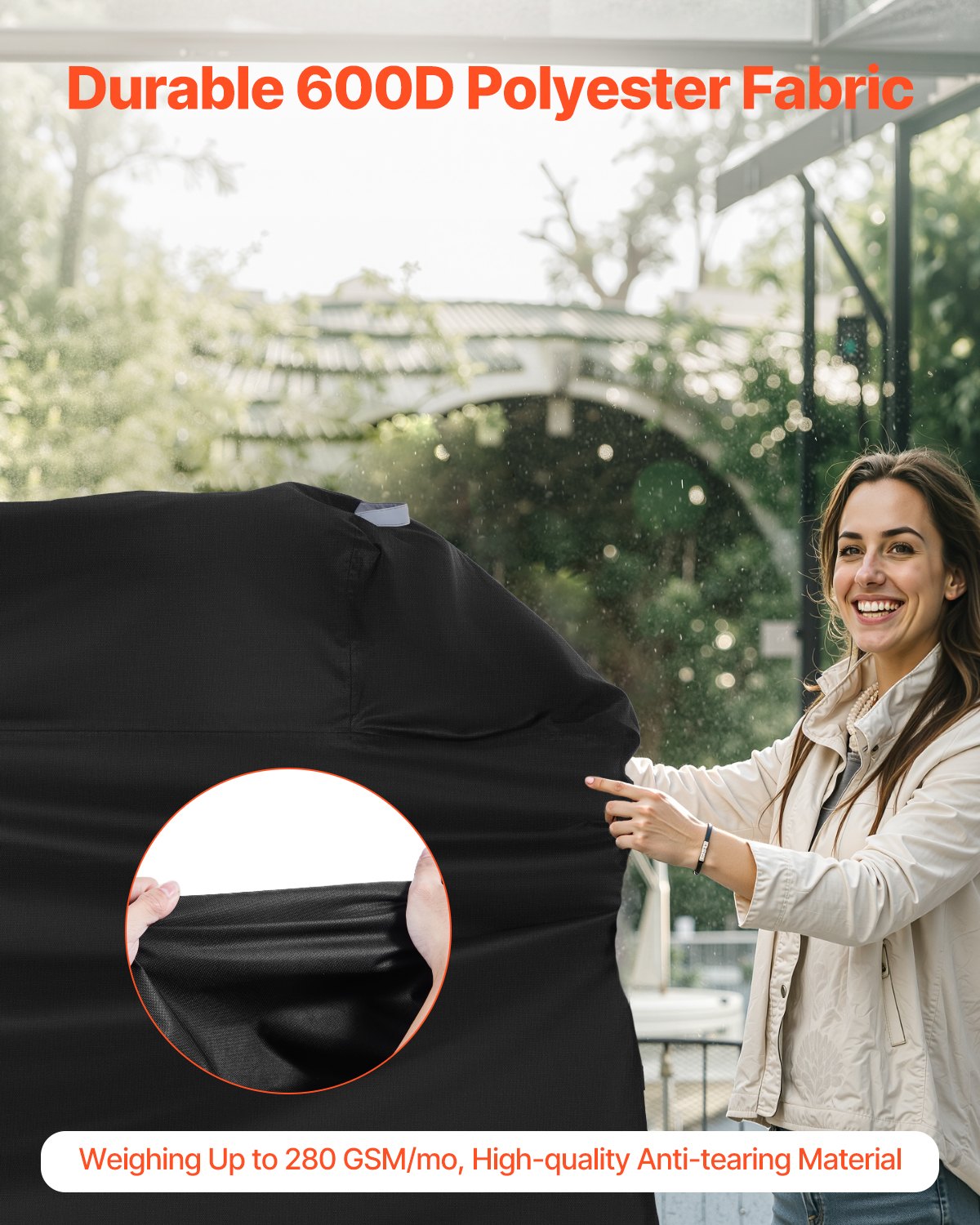 63-Inch BBQ Grill Cover, Heavy Duty Waterproof and Weather Resistant, Fade Proof 600D Polyester with Hook-and-Loop Straps, Black