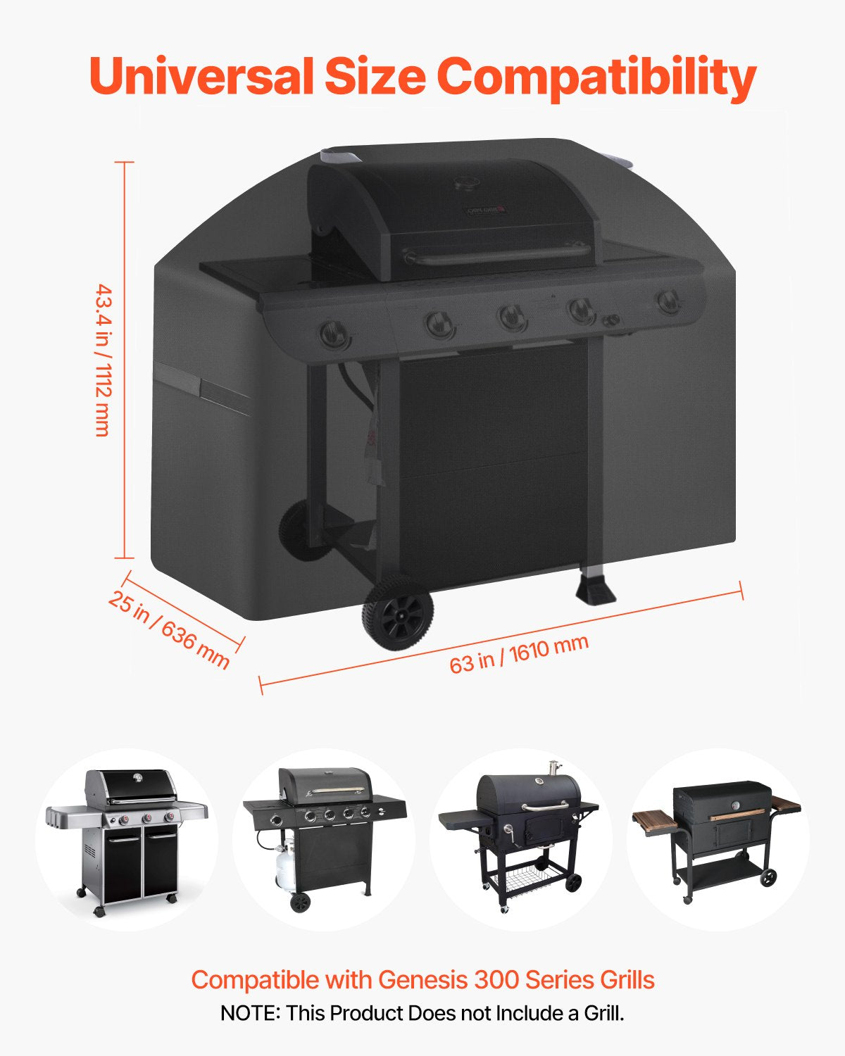 63-Inch BBQ Grill Cover, Heavy Duty Waterproof and Weather Resistant, Fade Proof 600D Polyester with Hook-and-Loop Straps, Black