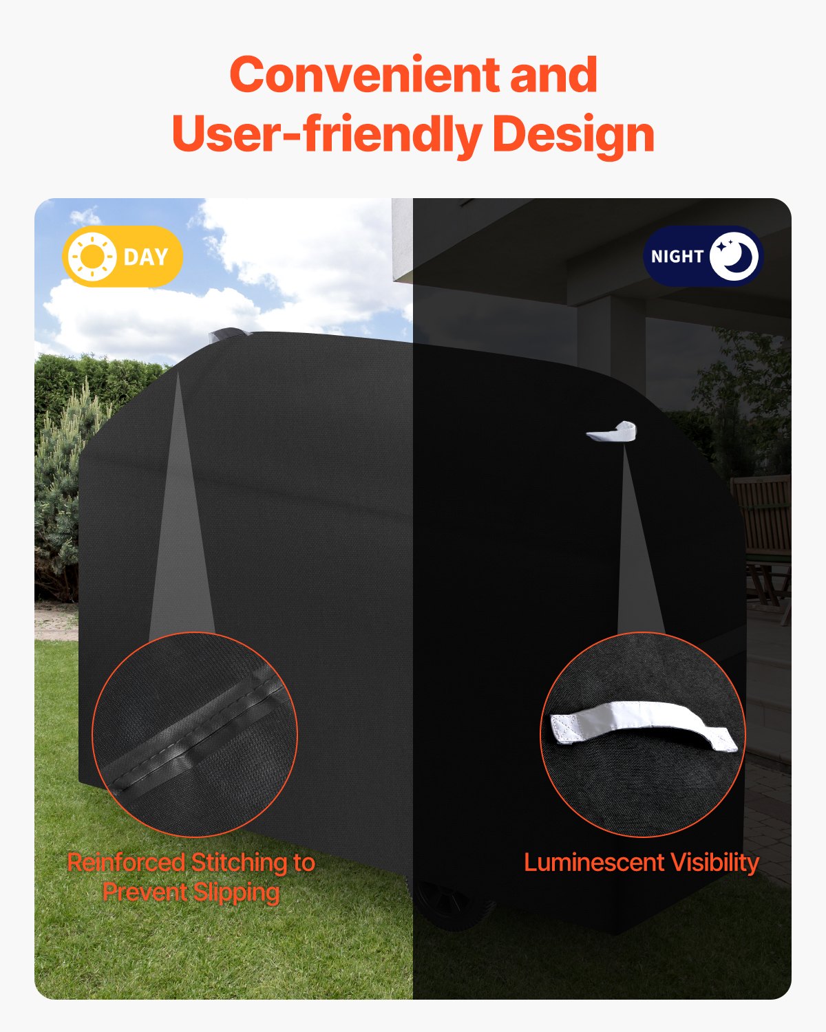 63-Inch BBQ Grill Cover, Heavy Duty Waterproof and Weather Resistant, Fade Proof 600D Polyester with Hook-and-Loop Straps, Black