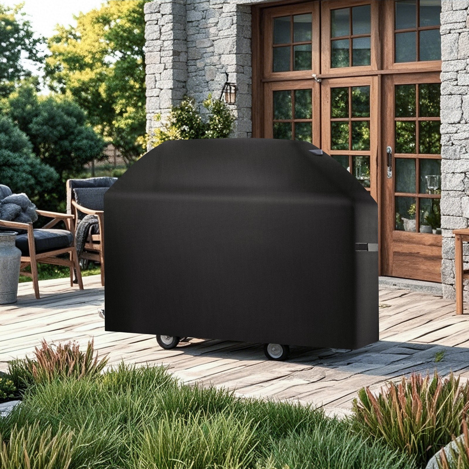 63-Inch BBQ Grill Cover, Heavy Duty Waterproof and Weather Resistant, Fade Proof 600D Polyester with Hook-and-Loop Straps, Black
