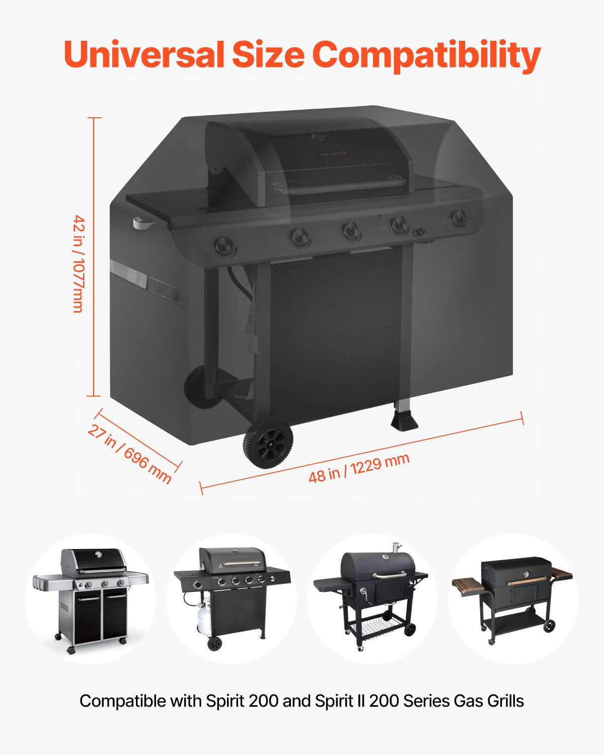Heavy-Duty 48-Inch BBQ Grill Cover, Waterproof & Fade Resistant, Durable 600D Polyester with Hook-and-Loop Straps, Fits Spirit 200 Series