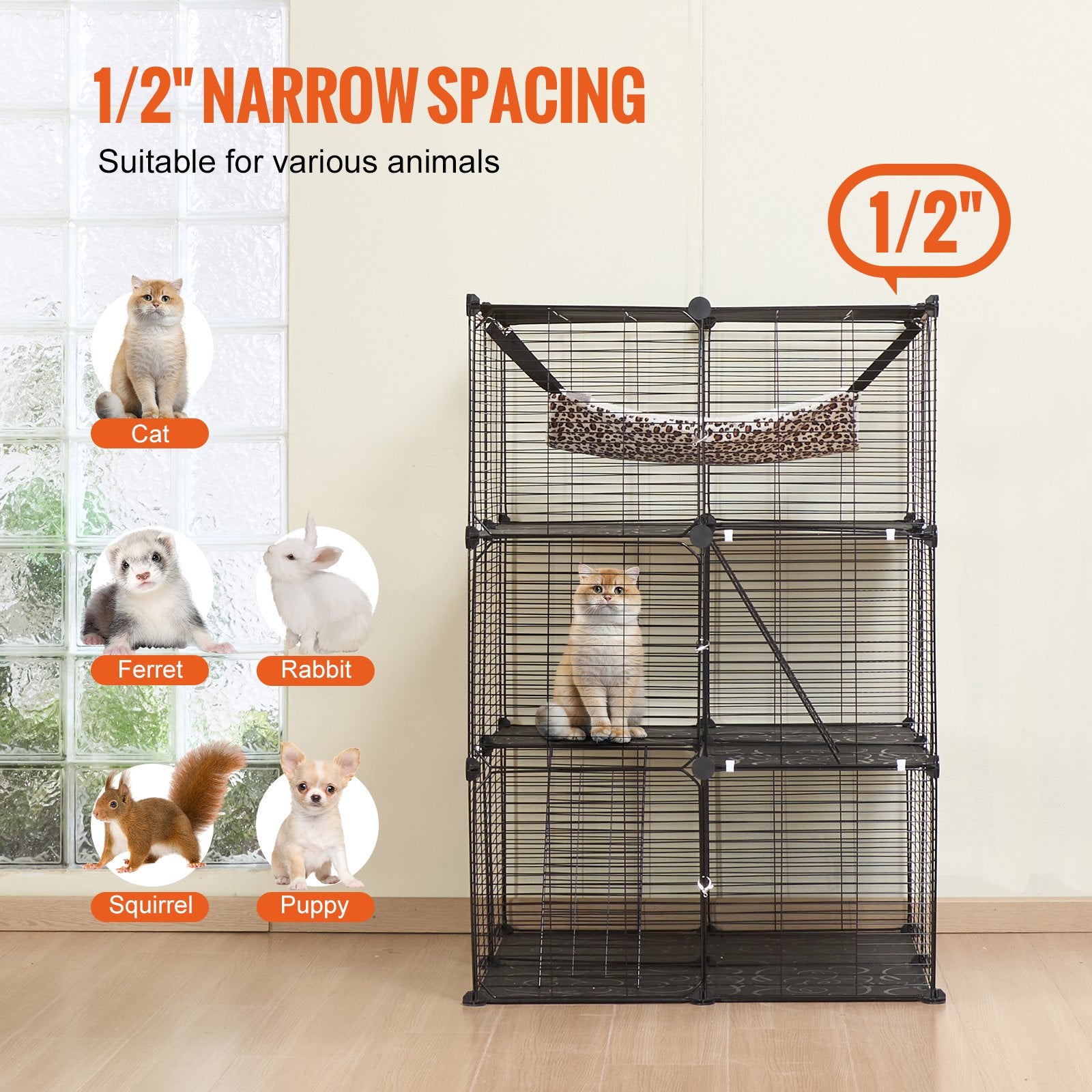 Spacious 3-Tier Cat Cage, 28"x28"x41" with Hammock & Ramps, Durable Metal Wire Enclosure for Indoor/Outdoor Cat Exercise & Play