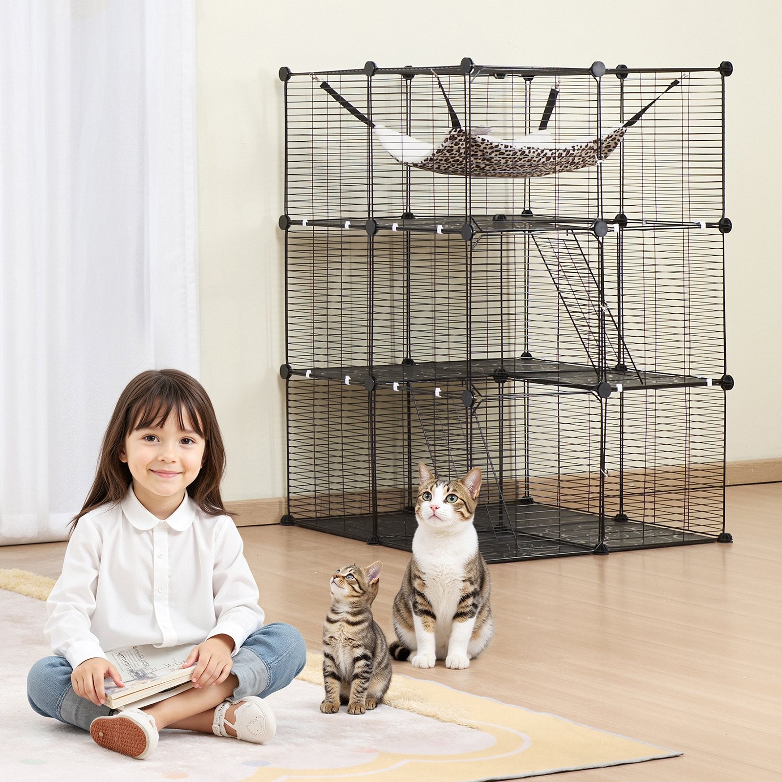 Spacious 3-Tier Cat Cage, 28"x28"x41" with Hammock & Ramps, Durable Metal Wire Enclosure for Indoor/Outdoor Cat Exercise & Play