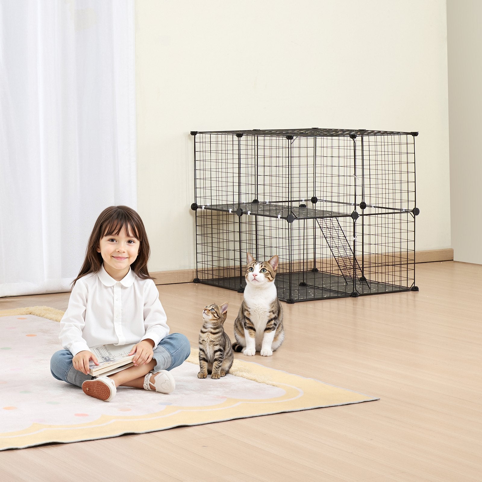 Spacious 2-Tier Cat Cage Enclosure, 28" Metal Wire with Ramp and Adjustable Platform, Indoor/Outdoor Pet Crate for Small Animals