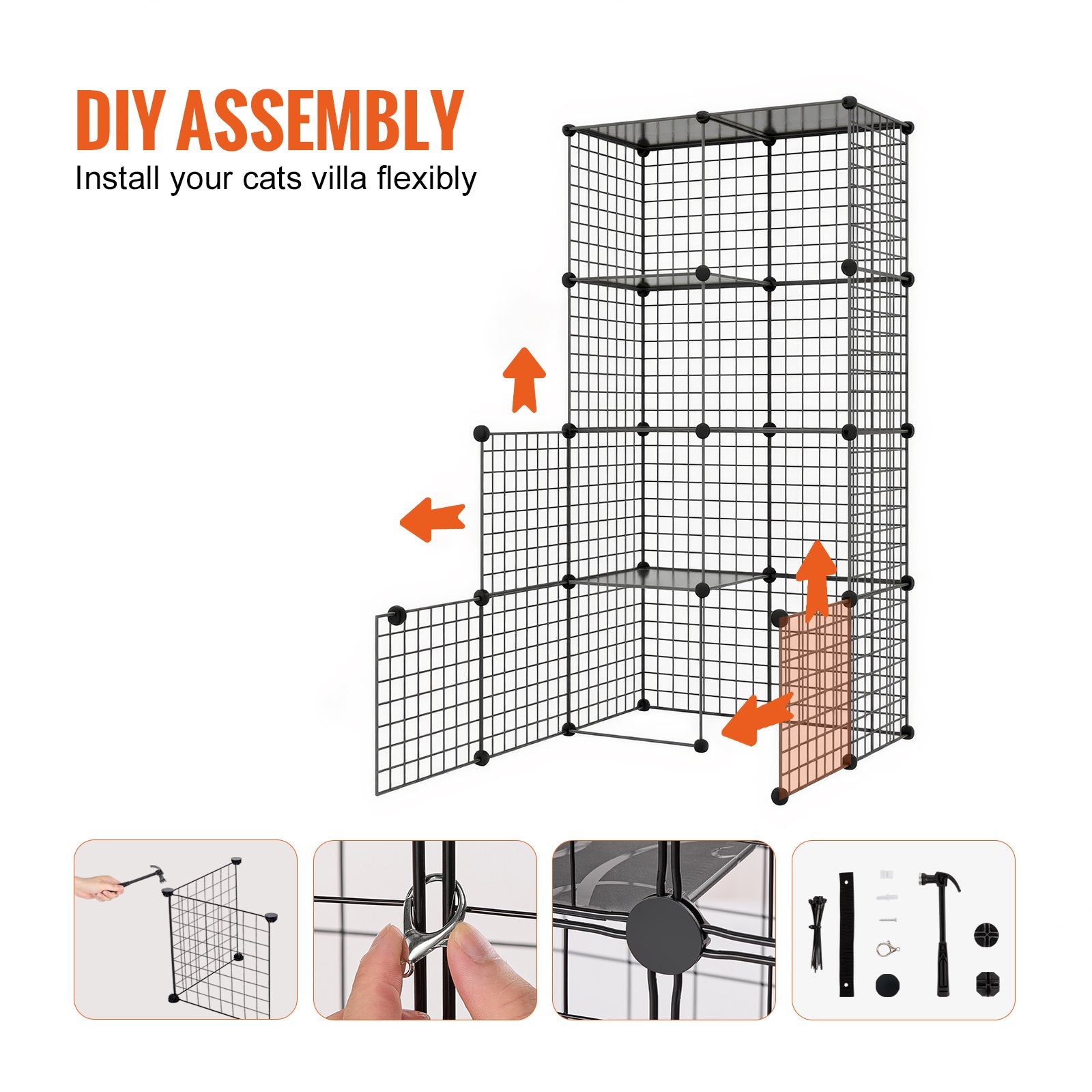 Spacious 4-Tier Cat Cage with Hammock and Ramps, Versatile Indoor/Outdoor Enclosure for Cats and Small Pets, Durable Metal Wire, Easy Assembly, Black