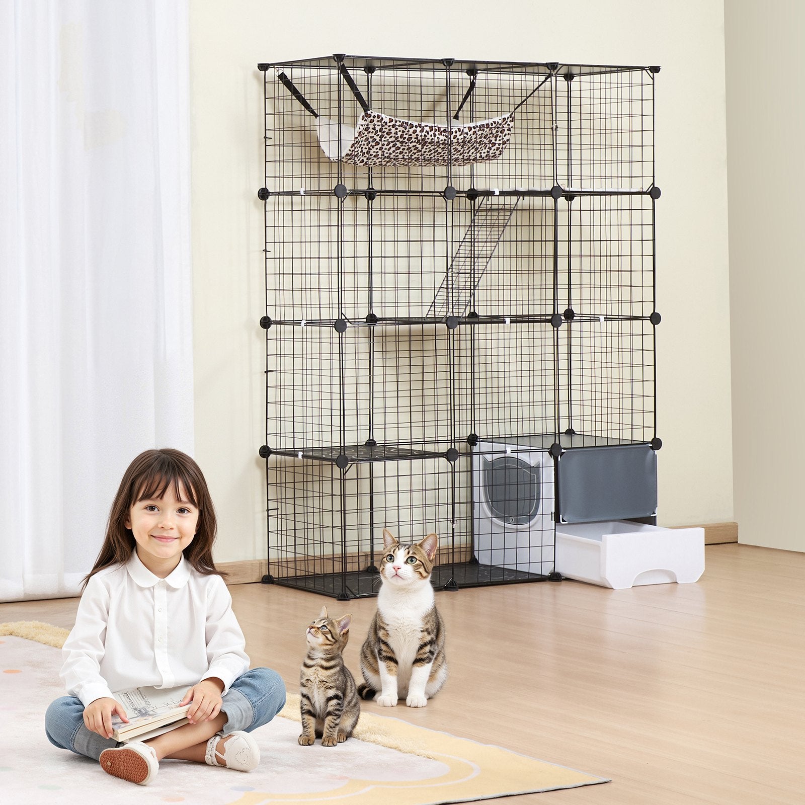 Spacious 4-Tier Cat Cage with Hammock and Ramps, Versatile Indoor/Outdoor Enclosure for Cats and Small Pets, Durable Metal Wire, Easy Assembly, Black