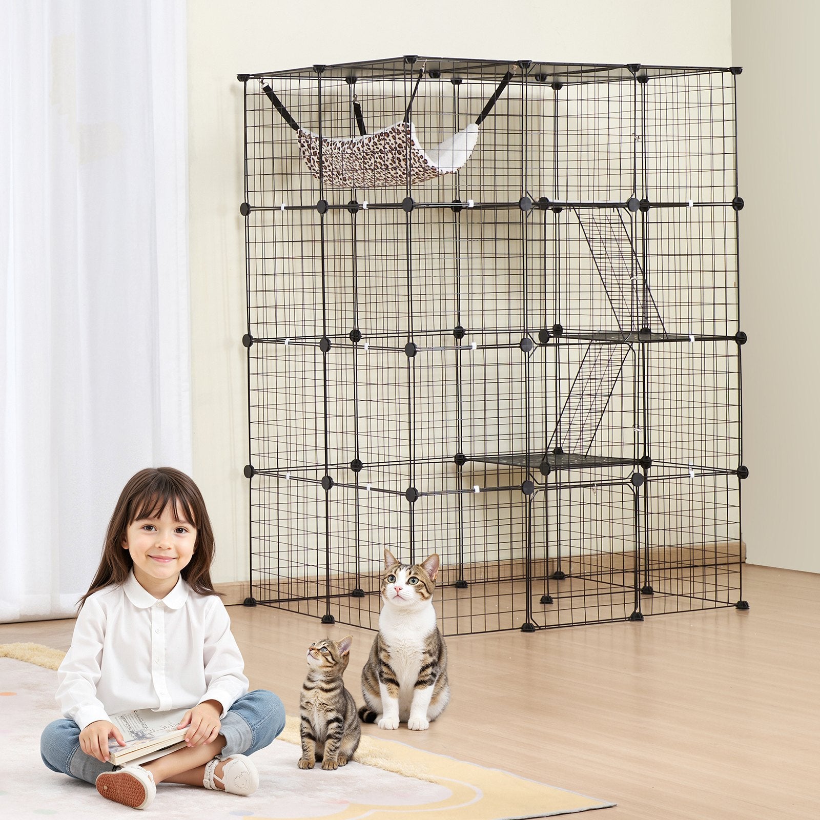 Spacious 4-Tier Cat Cage in Black, 41"x28"x55" - Metal Wire Enclosure with Hammock, Ramps, and 4 Doors for Indoor/Outdoor Kitty Exercise and Play