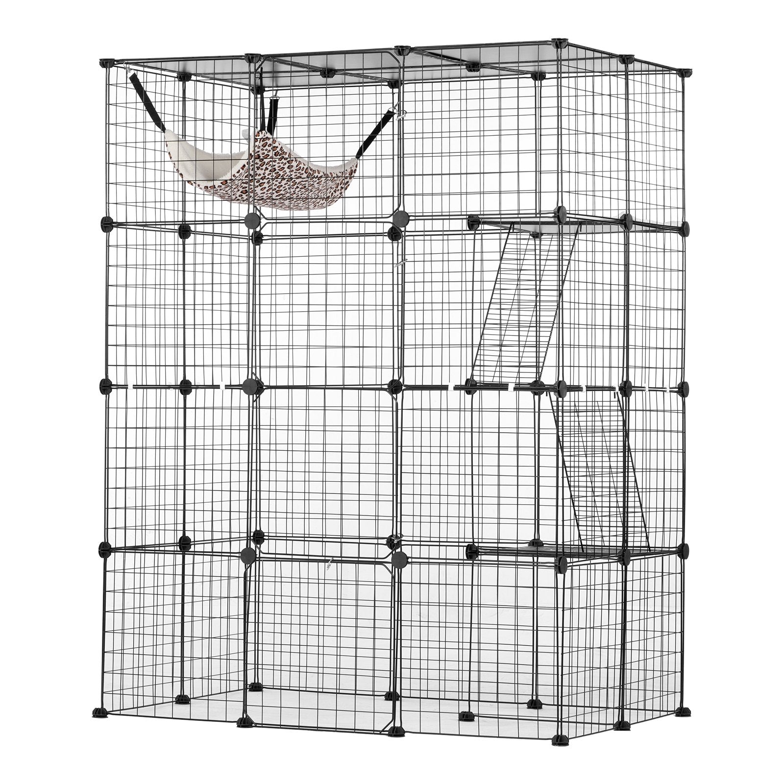 Spacious 4-Tier Cat Cage in Black, 41"x28"x55" - Metal Wire Enclosure with Hammock, Ramps, and 4 Doors for Indoor/Outdoor Kitty Exercise and Play