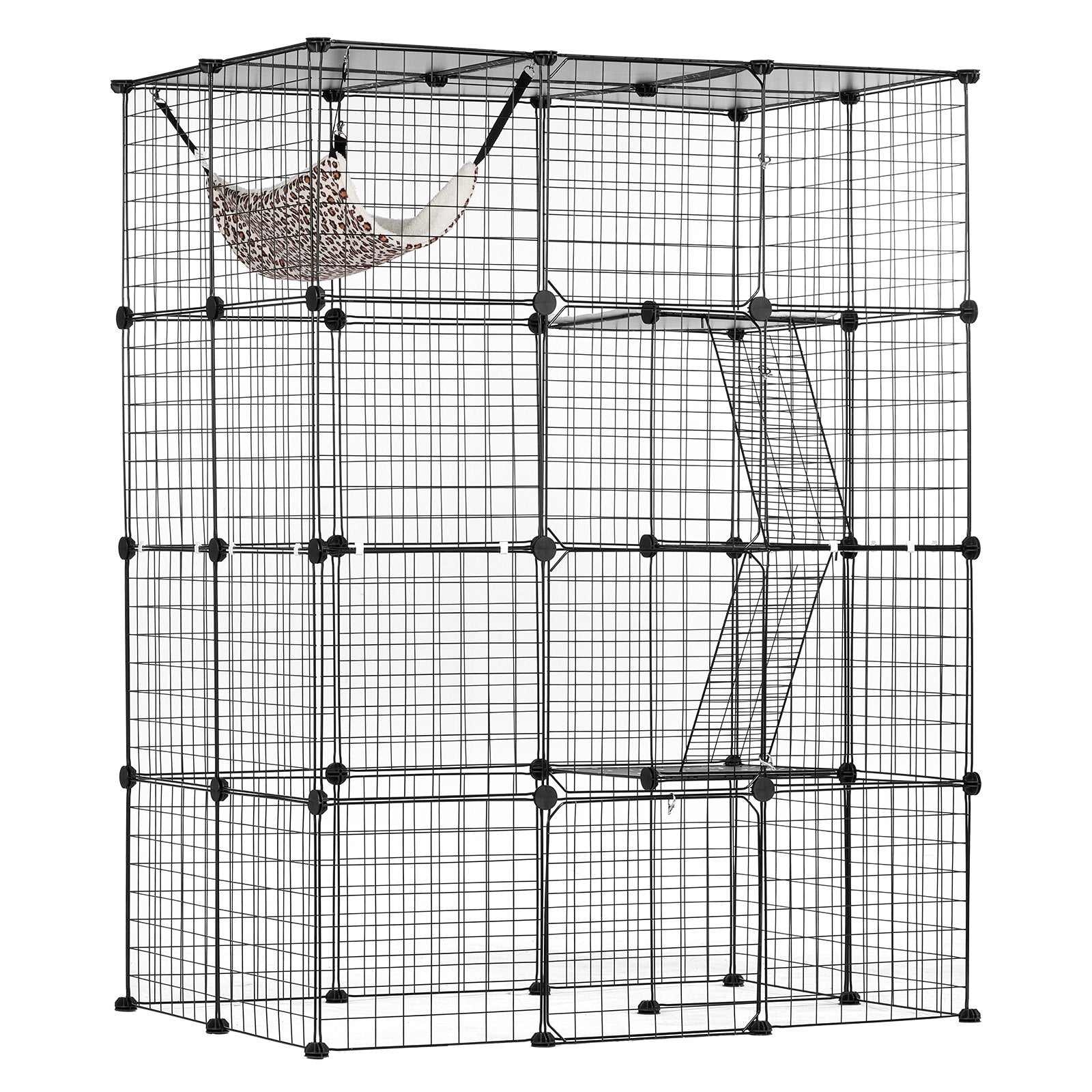 Spacious 4-Tier Cat Cage in Black, 41"x28"x55" - Metal Wire Enclosure with Hammock, Ramps, and 4 Doors for Indoor/Outdoor Kitty Exercise and Play