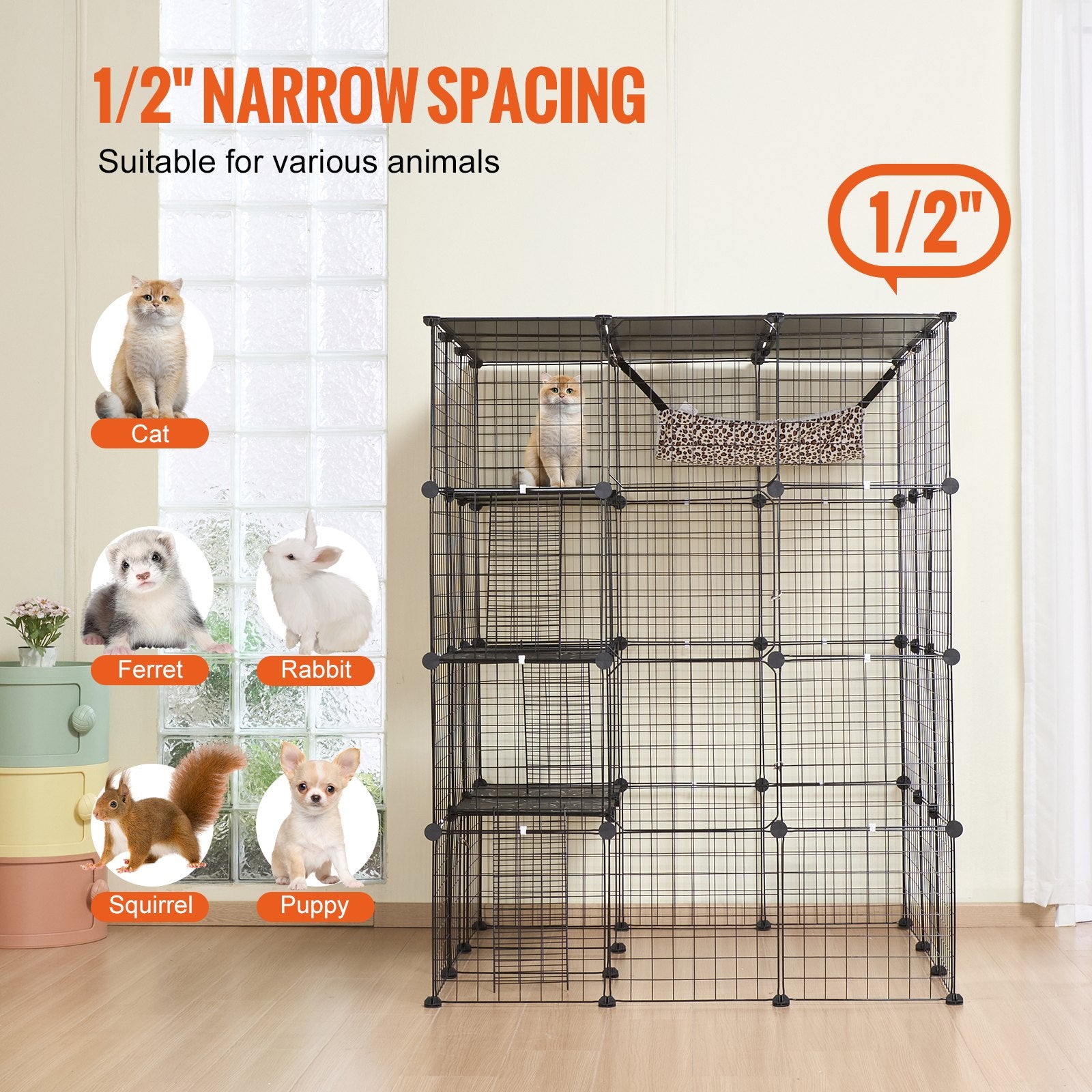Spacious 4-Tier Cat Cage with Hammock and Ramp Ladders - Ideal Indoor/Outdoor Metal Wire Enclosure for Kitties & Small Pets, 41"x41"x55", Black