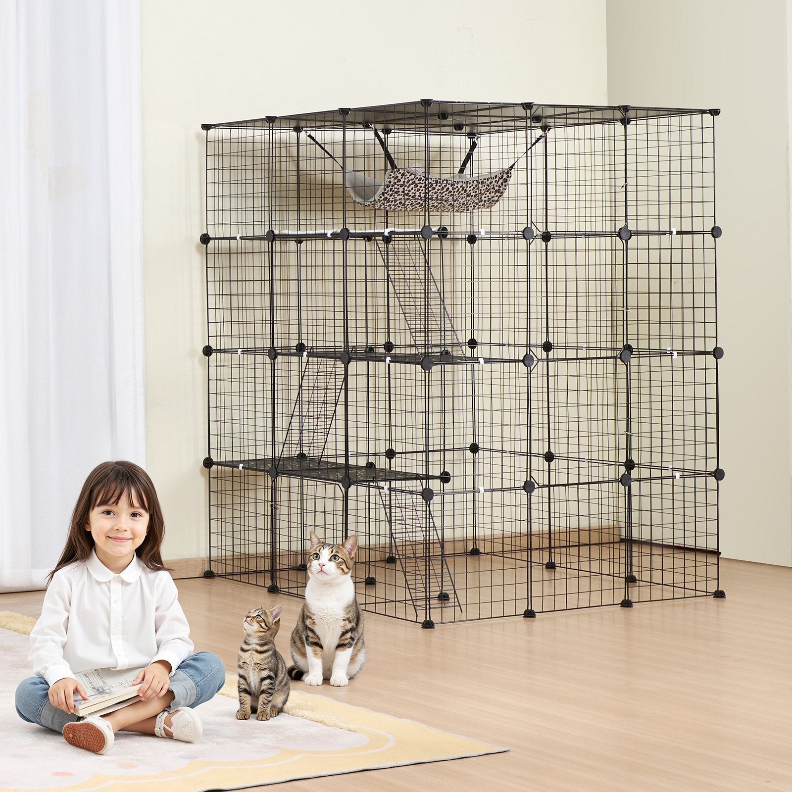 Spacious 4-Tier Cat Cage with Hammock and Ramp Ladders - Ideal Indoor/Outdoor Metal Wire Enclosure for Kitties & Small Pets, 41"x41"x55", Black