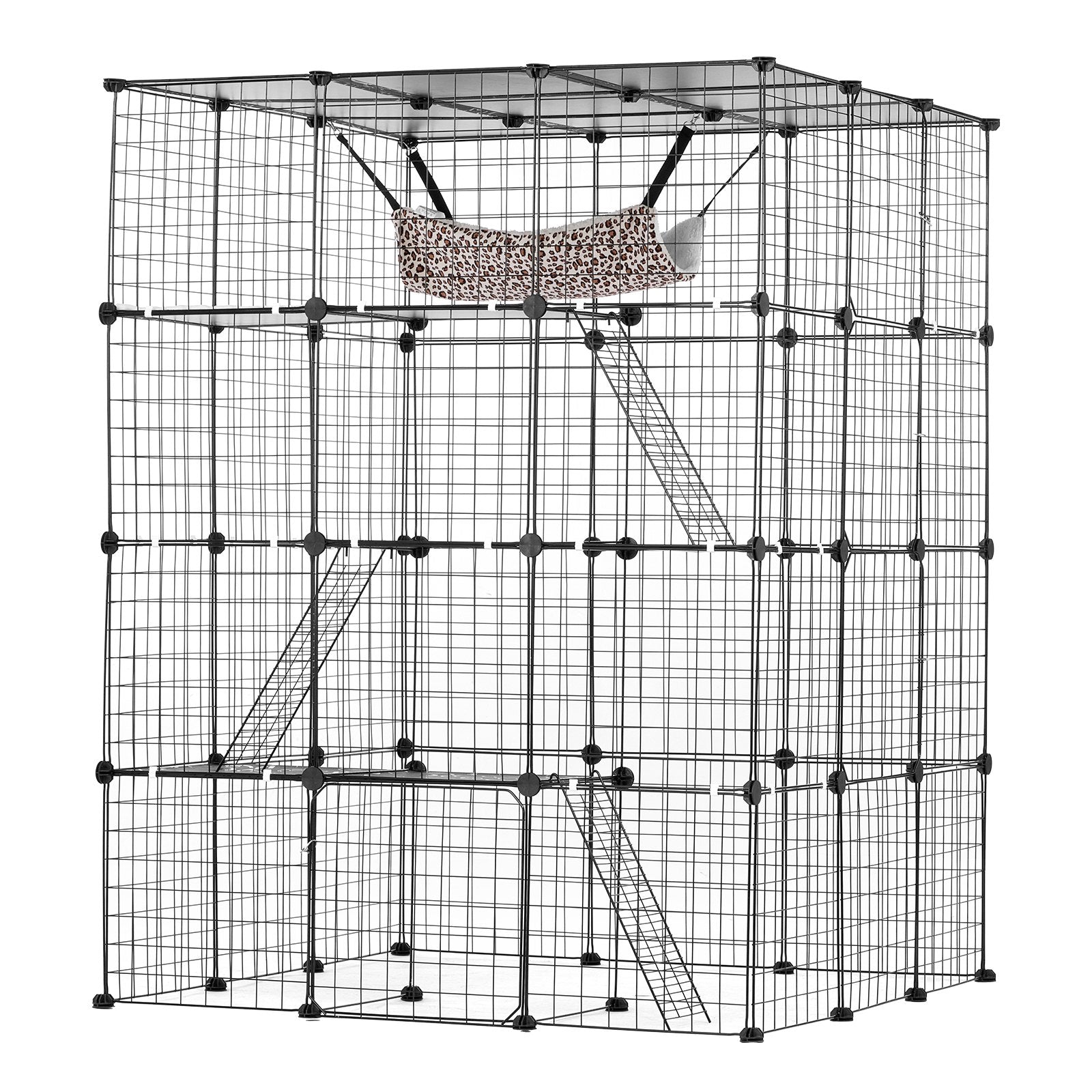 Spacious 4-Tier Cat Cage with Hammock and Ramp Ladders - Ideal Indoor/Outdoor Metal Wire Enclosure for Kitties & Small Pets, 41"x41"x55", Black