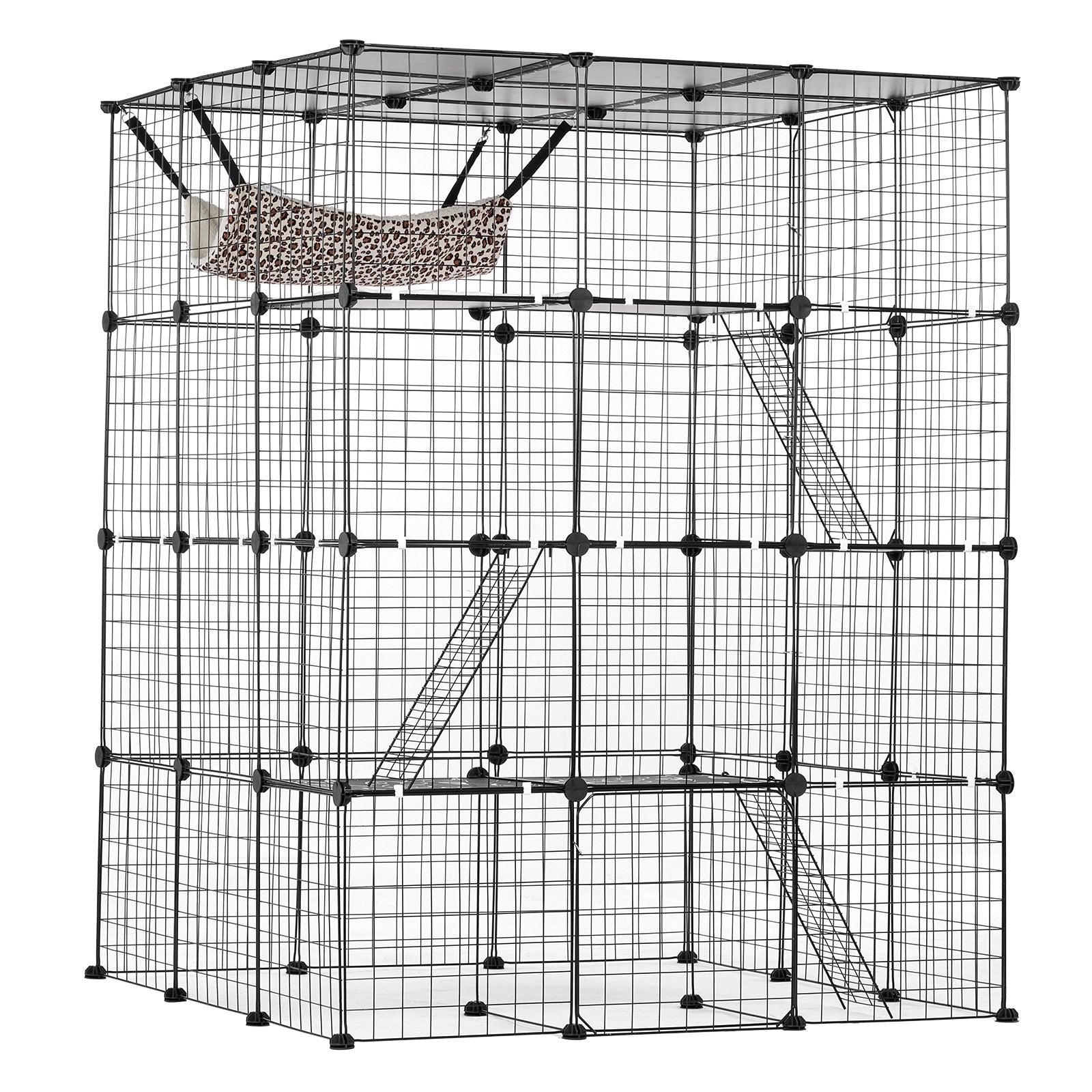 Spacious 4-Tier Cat Cage with Hammock and Ramp Ladders - Ideal Indoor/Outdoor Metal Wire Enclosure for Kitties & Small Pets, 41"x41"x55", Black