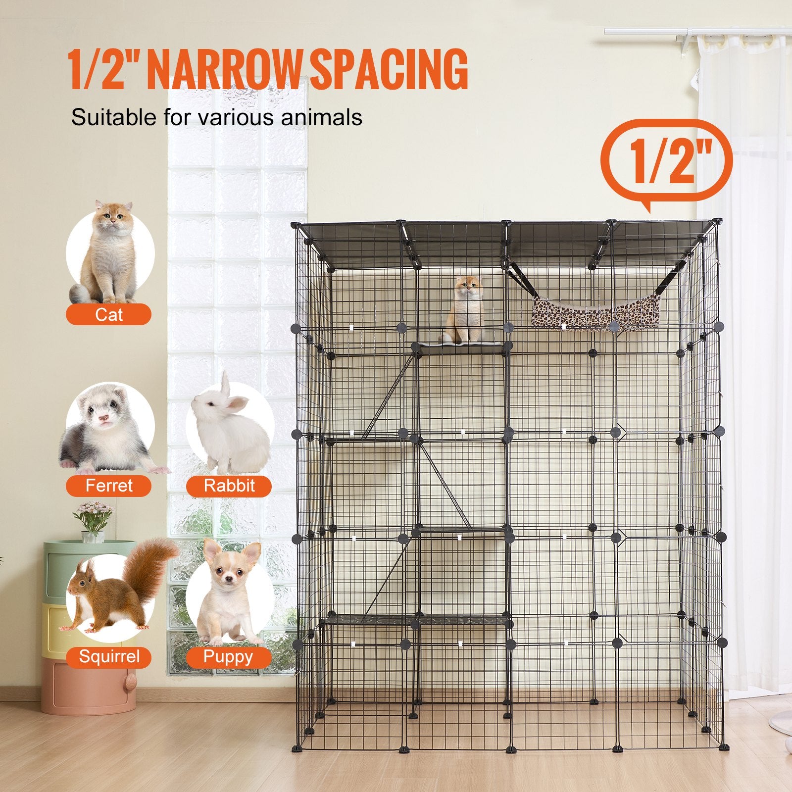 Spacious 4-Tier Cat Cage with Detachable Metal Wire, Hammock & Ramp Ladders - Ideal Indoor/Outdoor Playpen for Kitties & Small Pets, Black