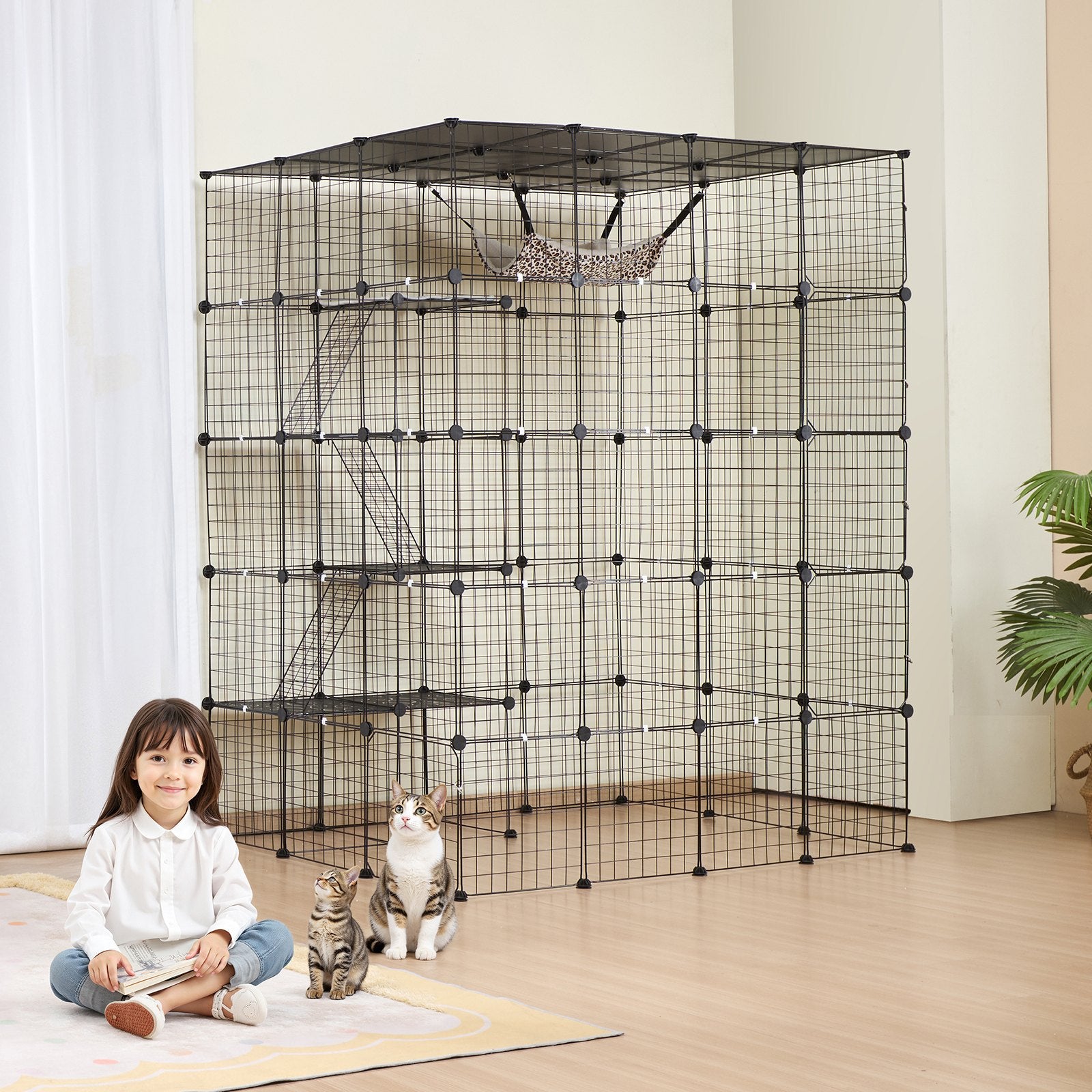 Spacious 4-Tier Cat Cage with Detachable Metal Wire, Hammock & Ramp Ladders - Ideal Indoor/Outdoor Playpen for Kitties & Small Pets, Black