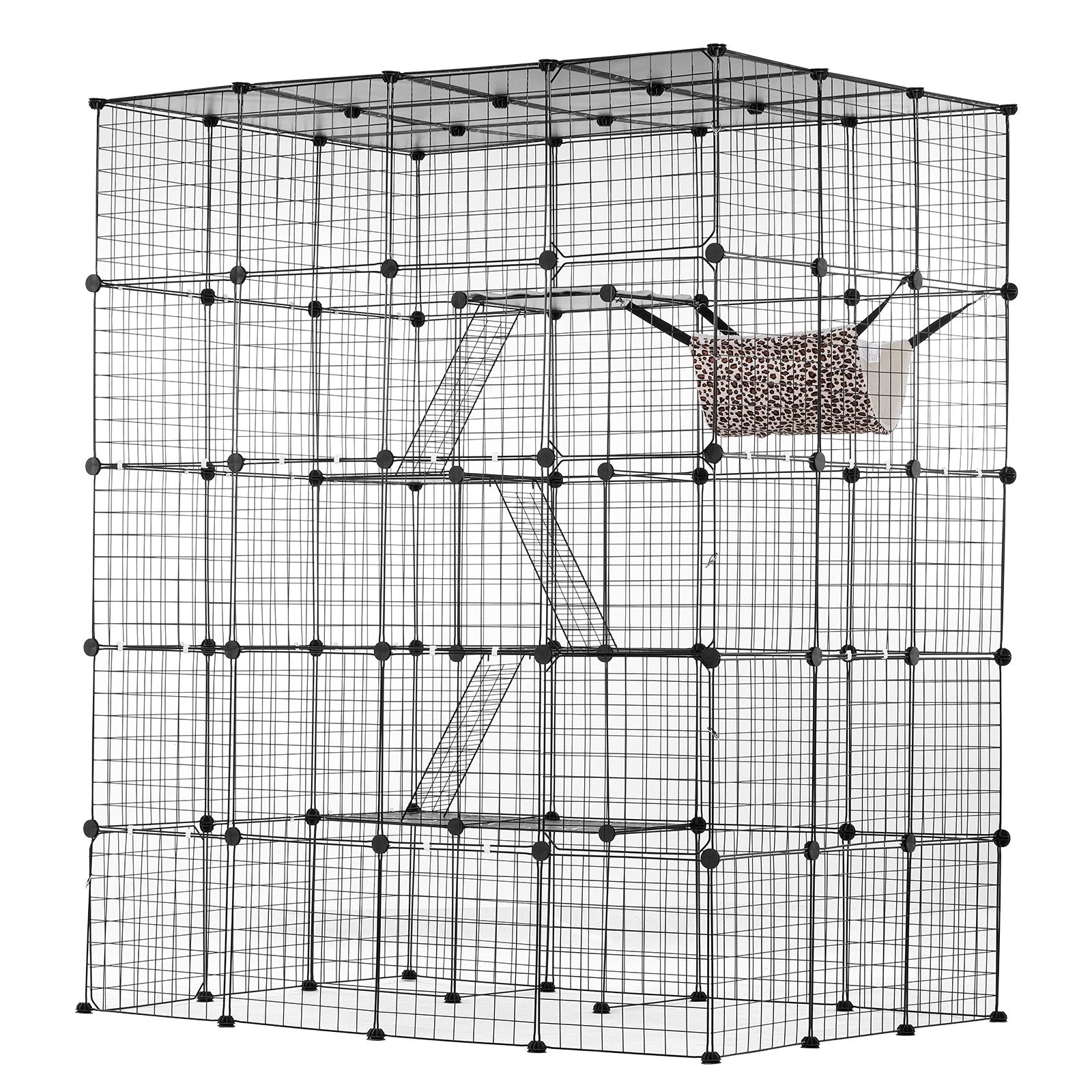 Spacious 4-Tier Cat Cage with Detachable Metal Wire, Hammock & Ramp Ladders - Ideal Indoor/Outdoor Playpen for Kitties & Small Pets, Black
