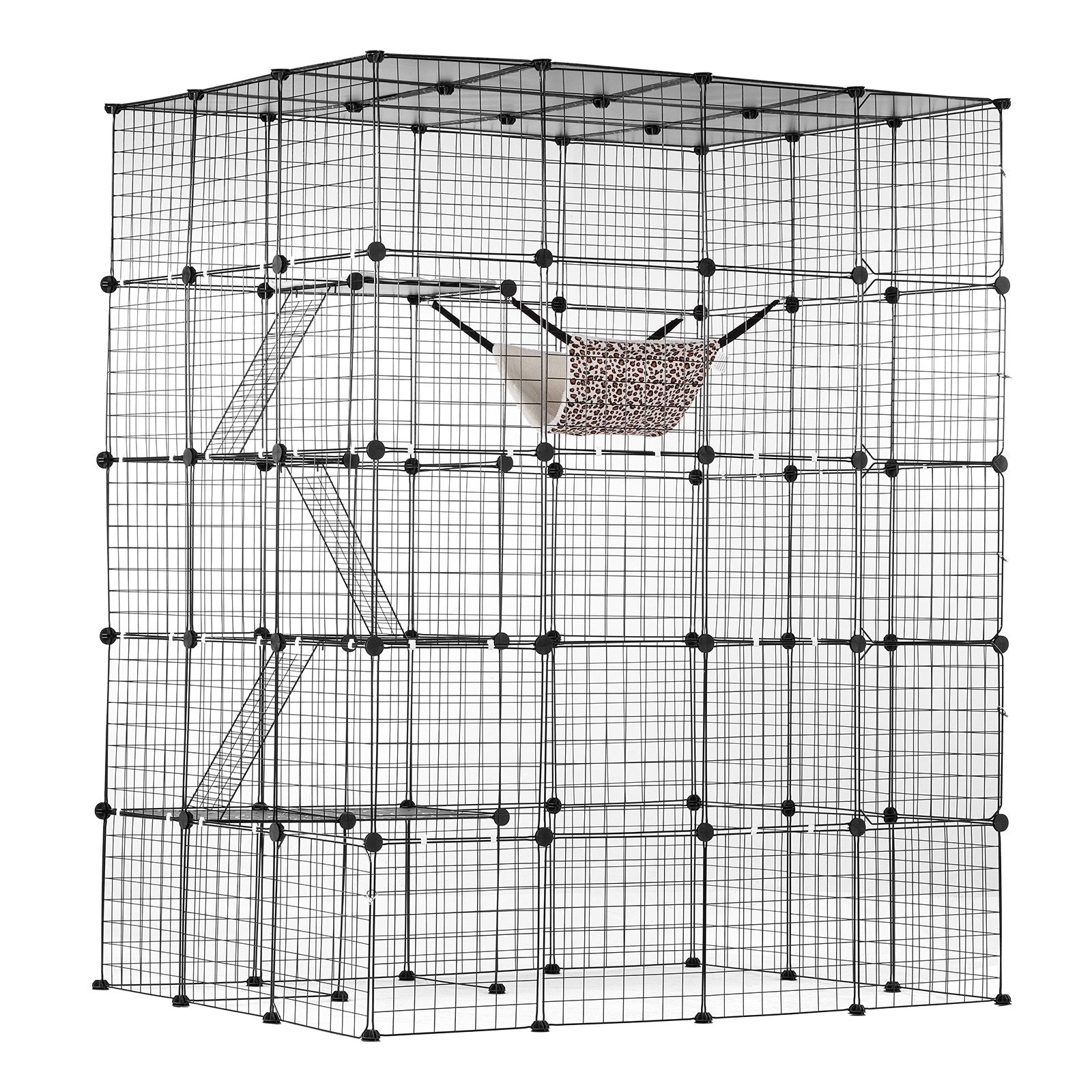 Spacious 4-Tier Cat Cage with Detachable Metal Wire, Hammock & Ramp Ladders - Ideal Indoor/Outdoor Playpen for Kitties & Small Pets, Black