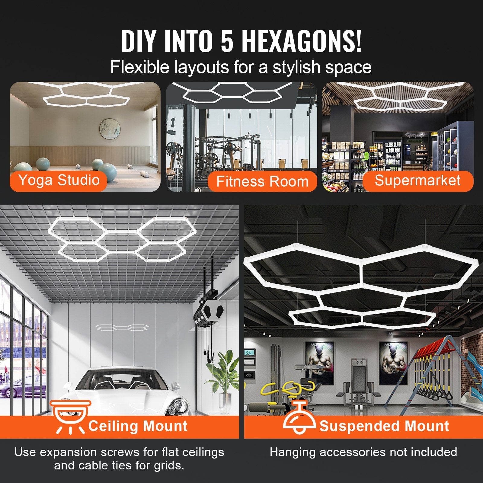 Innovative Hexagonal LED Garage Lights, 26400LM, 6500K, Ideal for Car Detailing, Workshops, Gyms, and Basements - Cool White Lighting Solution