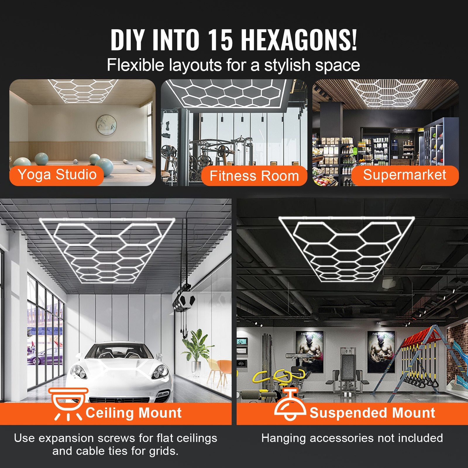 Hexagon Garage LED Lights, 66300LM 6500K, DIY Honeycomb Ceiling Lighting for Car Detailing, Gym, Basement, Workshop, Cool White, Extreme Temperature-Resistant, Safe Connection, Commercial Spaces