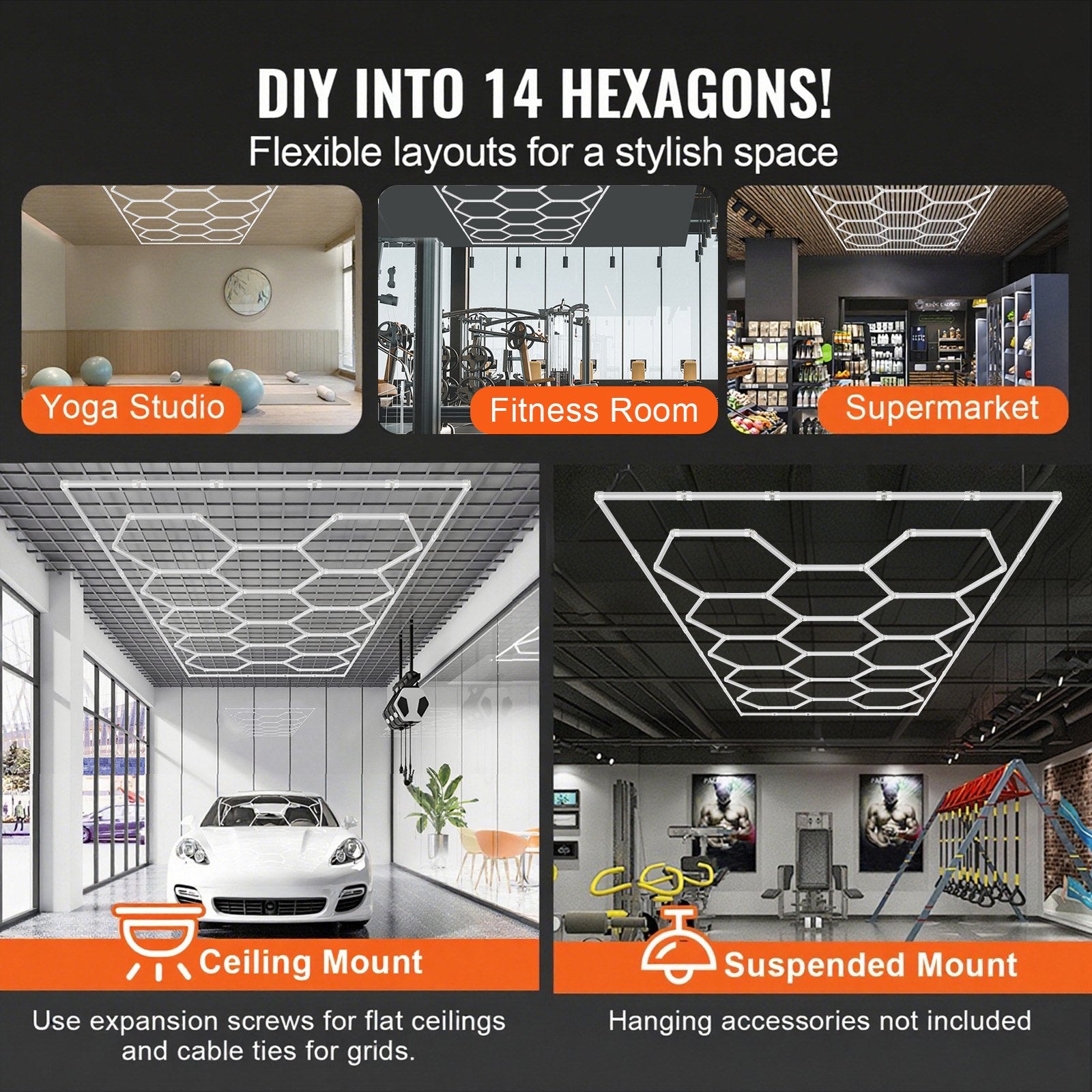 DIY Hexagonal Garage LED Ceiling Lights, 86400LM 6500K, Bright White Honeycomb Design for Car Detailing, Gym, Workshop, Basement, and More
