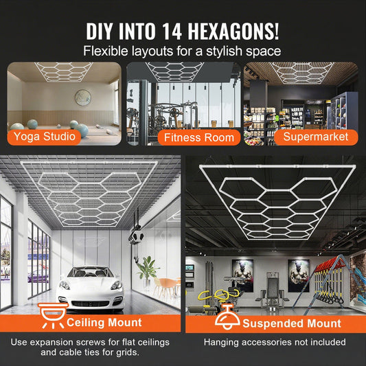 DIY Hexagonal Garage LED Ceiling Lights, 86400LM 6500K, Bright White Honeycomb Design for Car Detailing, Gym, Workshop, Basement, and More