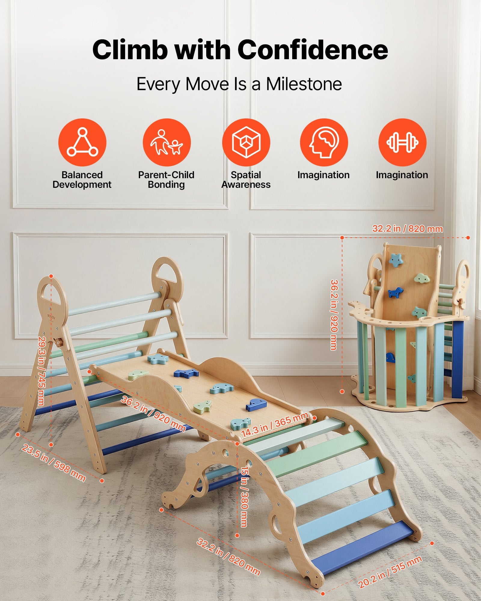 Foldable Montessori Climbing Set for Kids: 9-in-1 Indoor Pikler Triangle with Wooden Cars, Cushion, Arch, and Ramp, 150 lbs Capacity, Blue
