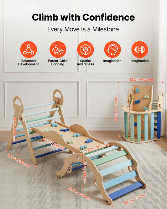 Foldable Montessori Climbing Set for Kids: 9-in-1 Indoor Pikler Triangle with Wooden Cars, Cushion, Arch, and Ramp, 150 lbs Capacity, Blue