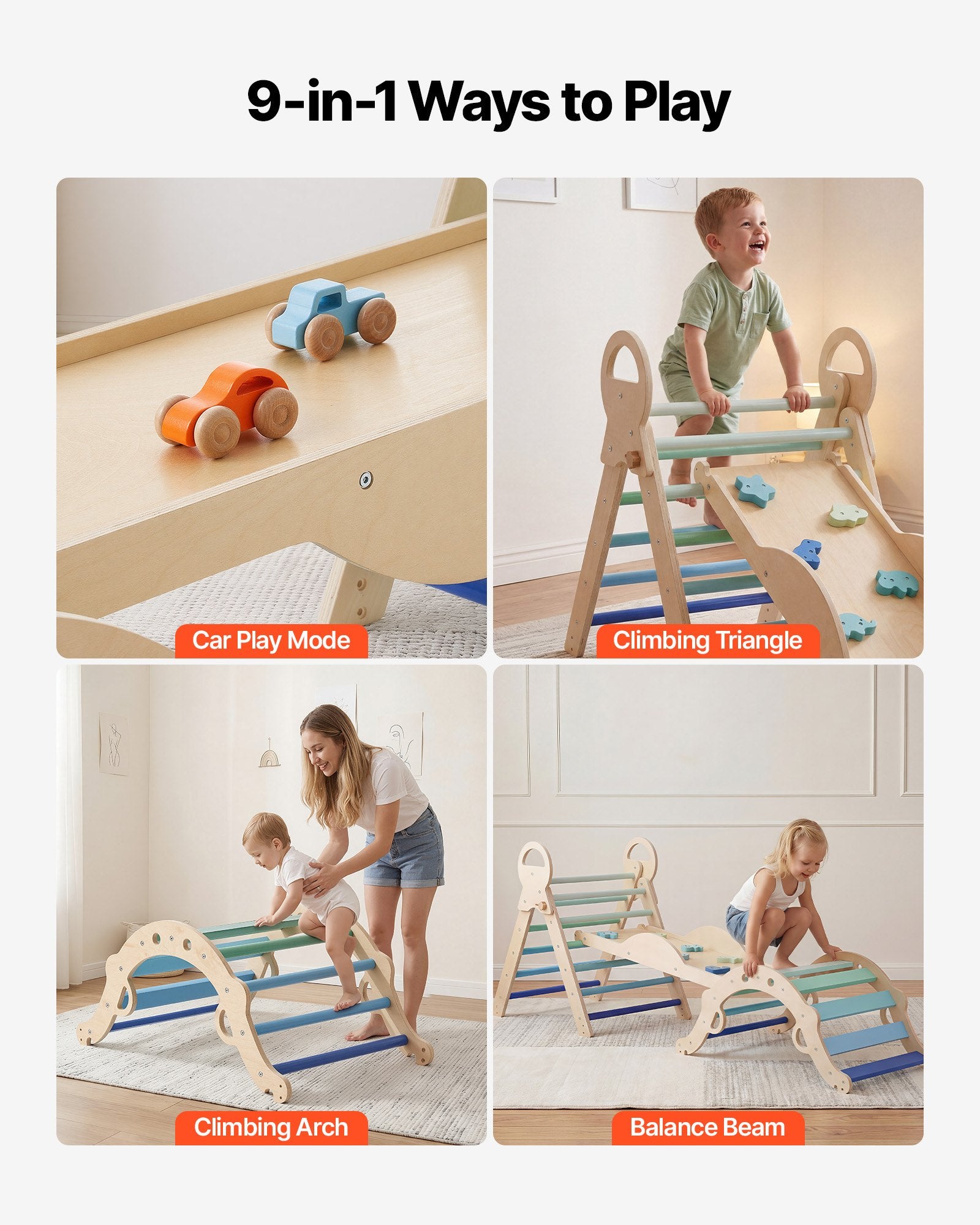 Foldable Montessori Climbing Set for Kids: 9-in-1 Indoor Pikler Triangle with Wooden Cars, Cushion, Arch, and Ramp, 150 lbs Capacity, Blue
