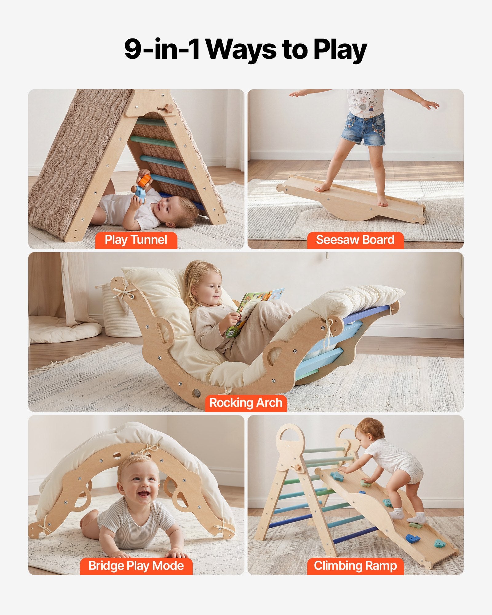 Foldable Montessori Climbing Set for Kids: 9-in-1 Indoor Pikler Triangle with Wooden Cars, Cushion, Arch, and Ramp, 150 lbs Capacity, Blue
