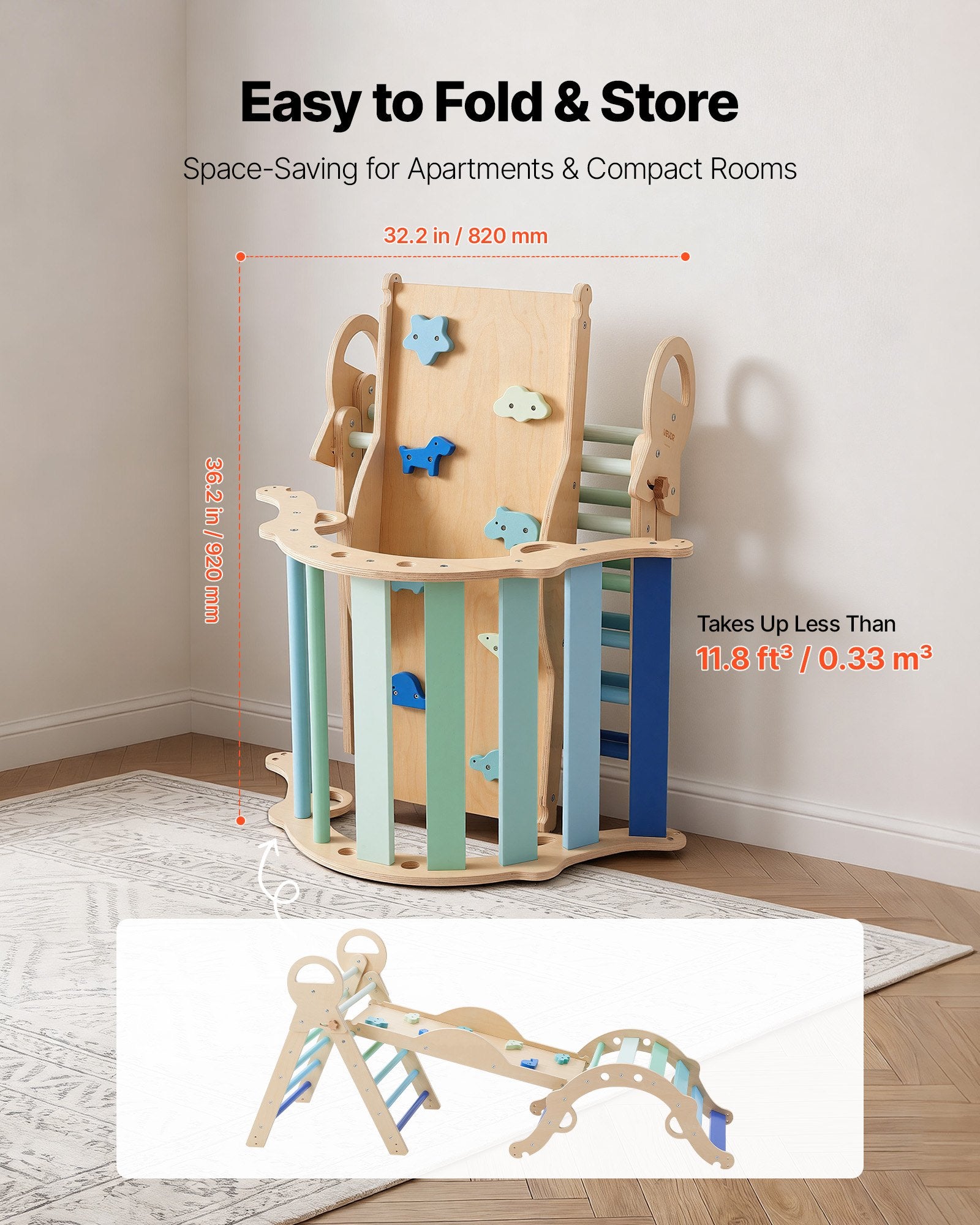 Foldable Montessori Climbing Set for Kids: 9-in-1 Indoor Pikler Triangle with Wooden Cars, Cushion, Arch, and Ramp, 150 lbs Capacity, Blue