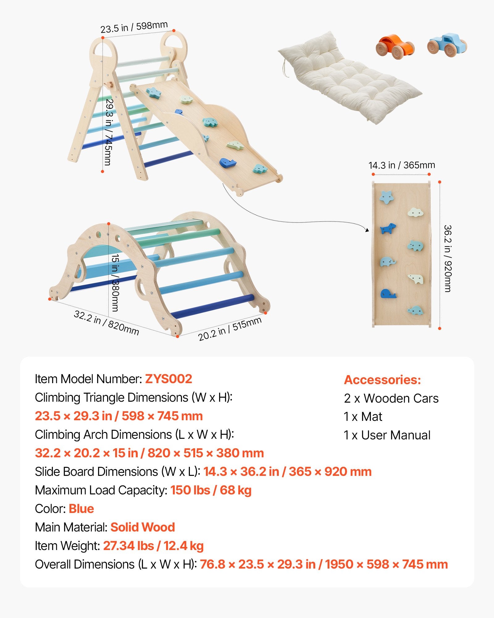 Foldable Montessori Climbing Set for Kids: 9-in-1 Indoor Pikler Triangle with Wooden Cars, Cushion, Arch, and Ramp, 150 lbs Capacity, Blue
