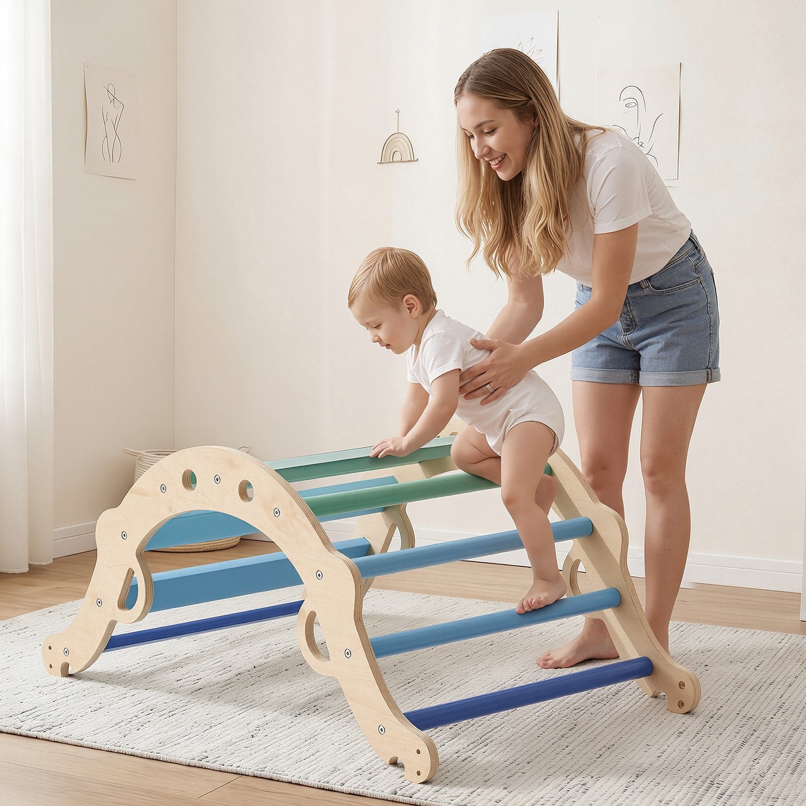 Foldable Montessori Climbing Set for Kids: 9-in-1 Indoor Pikler Triangle with Wooden Cars, Cushion, Arch, and Ramp, 150 lbs Capacity, Blue