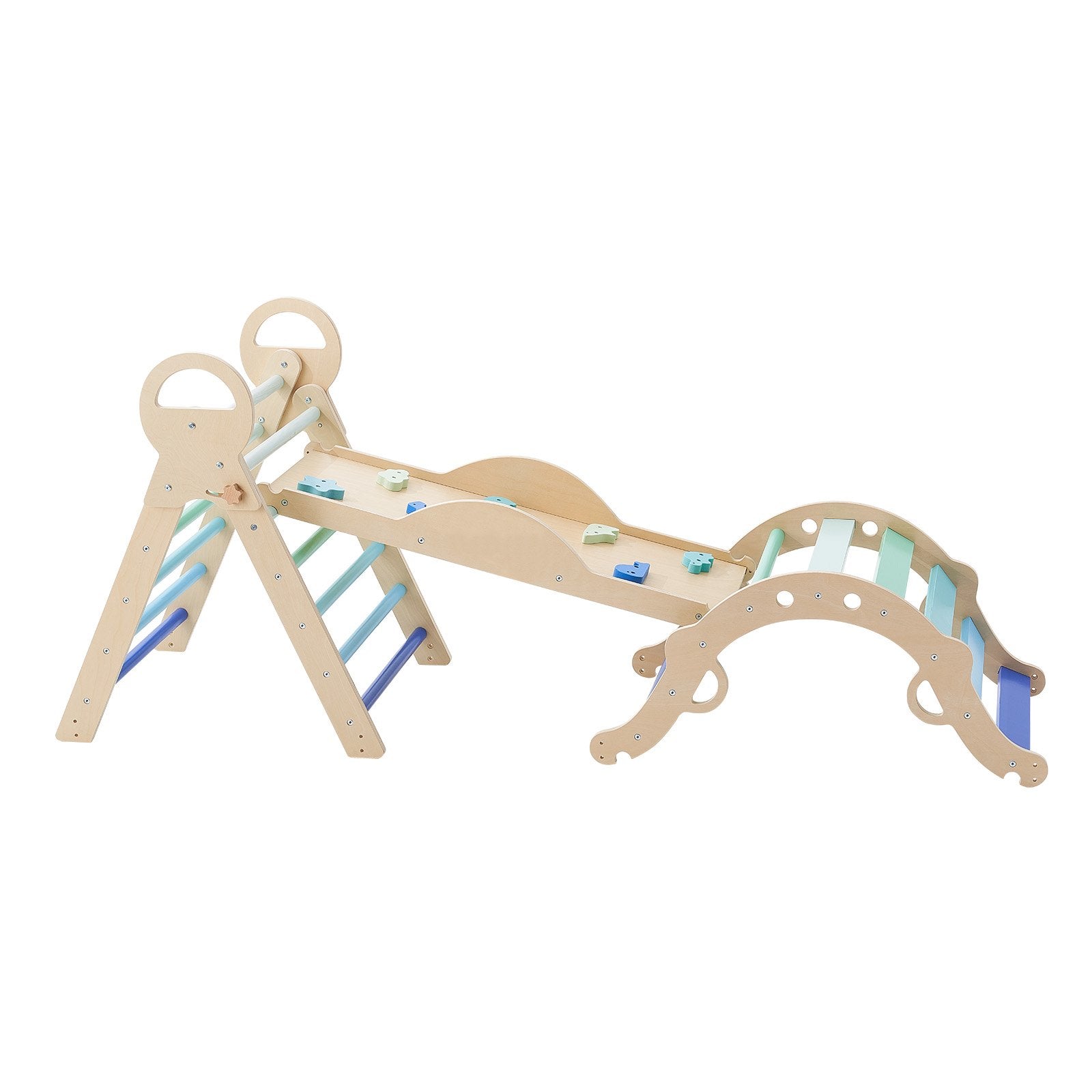 Foldable Montessori Climbing Set for Kids: 9-in-1 Indoor Pikler Triangle with Wooden Cars, Cushion, Arch, and Ramp, 150 lbs Capacity, Blue