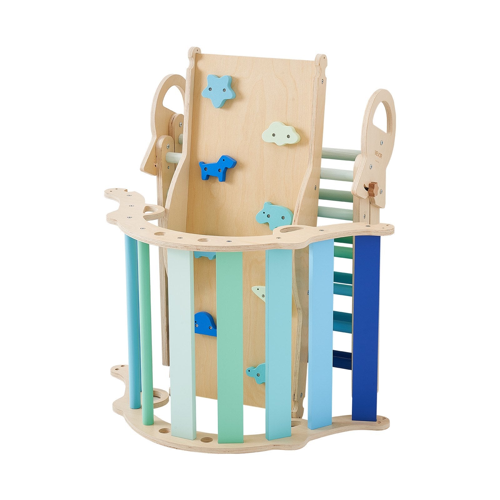 Foldable Montessori Climbing Set for Kids: 9-in-1 Indoor Pikler Triangle with Wooden Cars, Cushion, Arch, and Ramp, 150 lbs Capacity, Blue