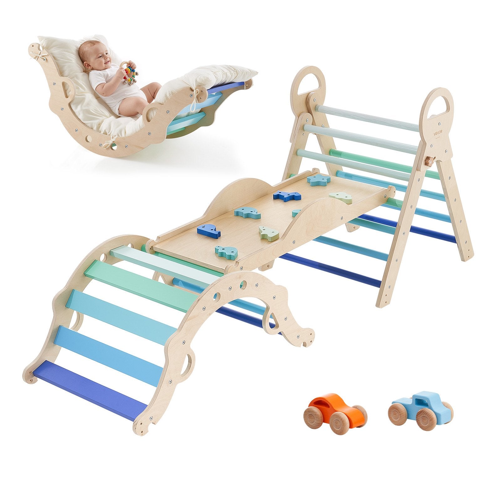 Foldable Montessori Climbing Set for Kids: 9-in-1 Indoor Pikler Triangle with Wooden Cars, Cushion, Arch, and Ramp, 150 lbs Capacity, Blue