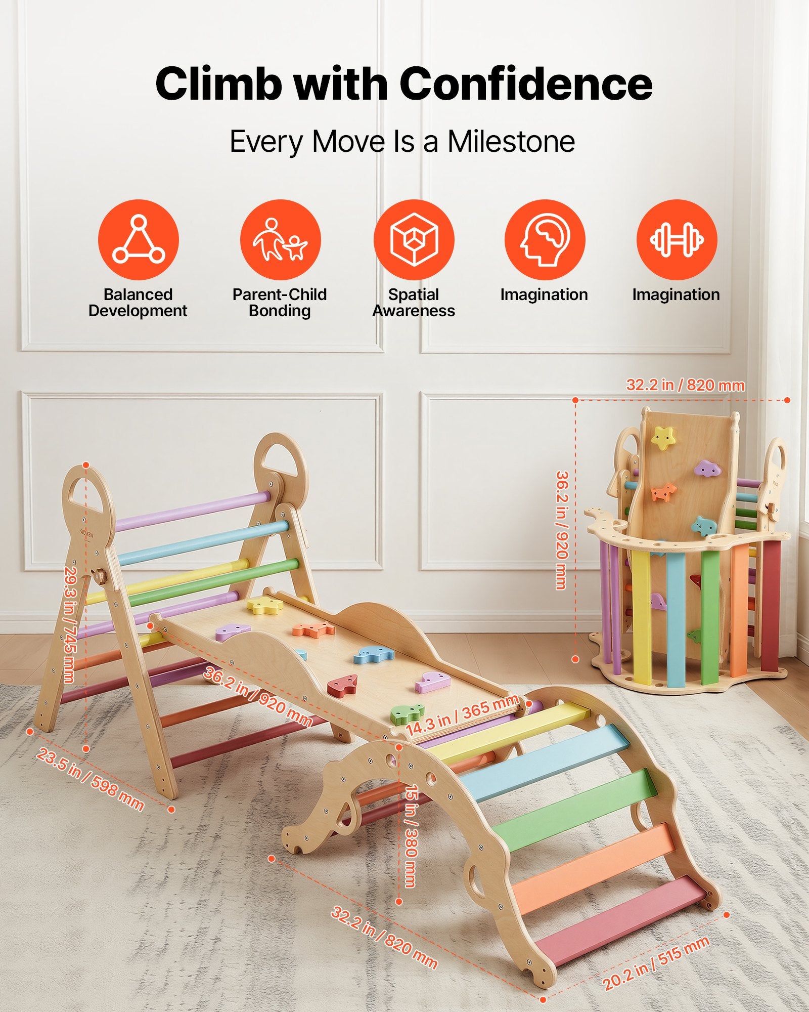 9-in-1 Montessori Pikler Triangle Climbing Set for Toddlers & Kids, Foldable Indoor Gym with Cars, Cushion, Arch, Ramp, 150 lbs Capacity