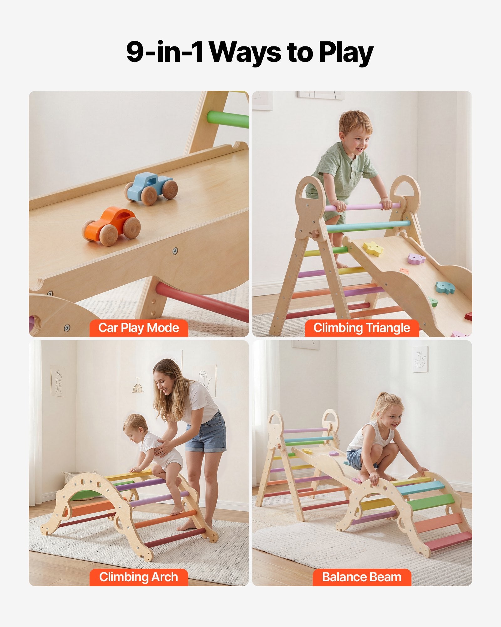 9-in-1 Montessori Pikler Triangle Climbing Set for Toddlers & Kids, Foldable Indoor Gym with Cars, Cushion, Arch, Ramp, 150 lbs Capacity