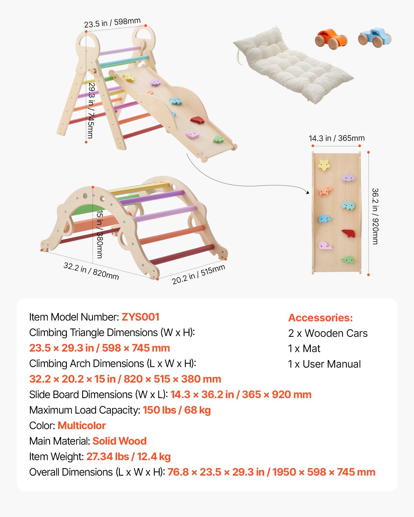 9-in-1 Montessori Pikler Triangle Climbing Set for Toddlers & Kids, Foldable Indoor Gym with Cars, Cushion, Arch, Ramp, 150 lbs Capacity