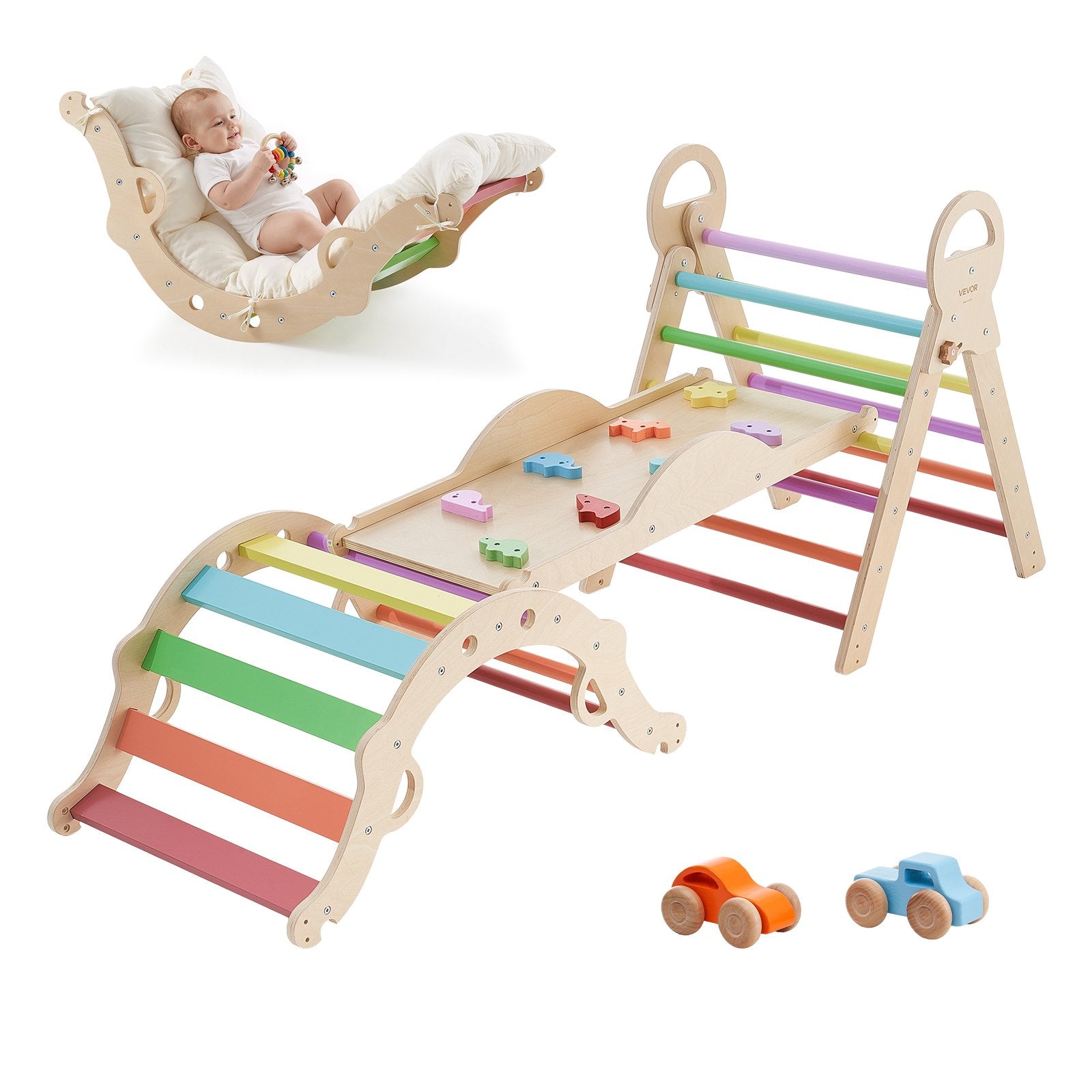 9-in-1 Montessori Pikler Triangle Climbing Set for Toddlers & Kids, Foldable Indoor Gym with Cars, Cushion, Arch, Ramp, 150 lbs Capacity