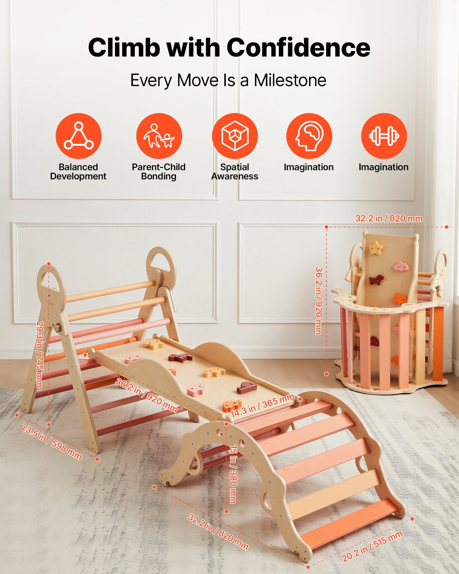 Foldable Montessori Climbing Set for Toddlers: 9-in-1 Pikler Triangle with Wooden Cars, Cushion, Arch & Ramp, 150 lbs Capacity, Easy Setup, Orange