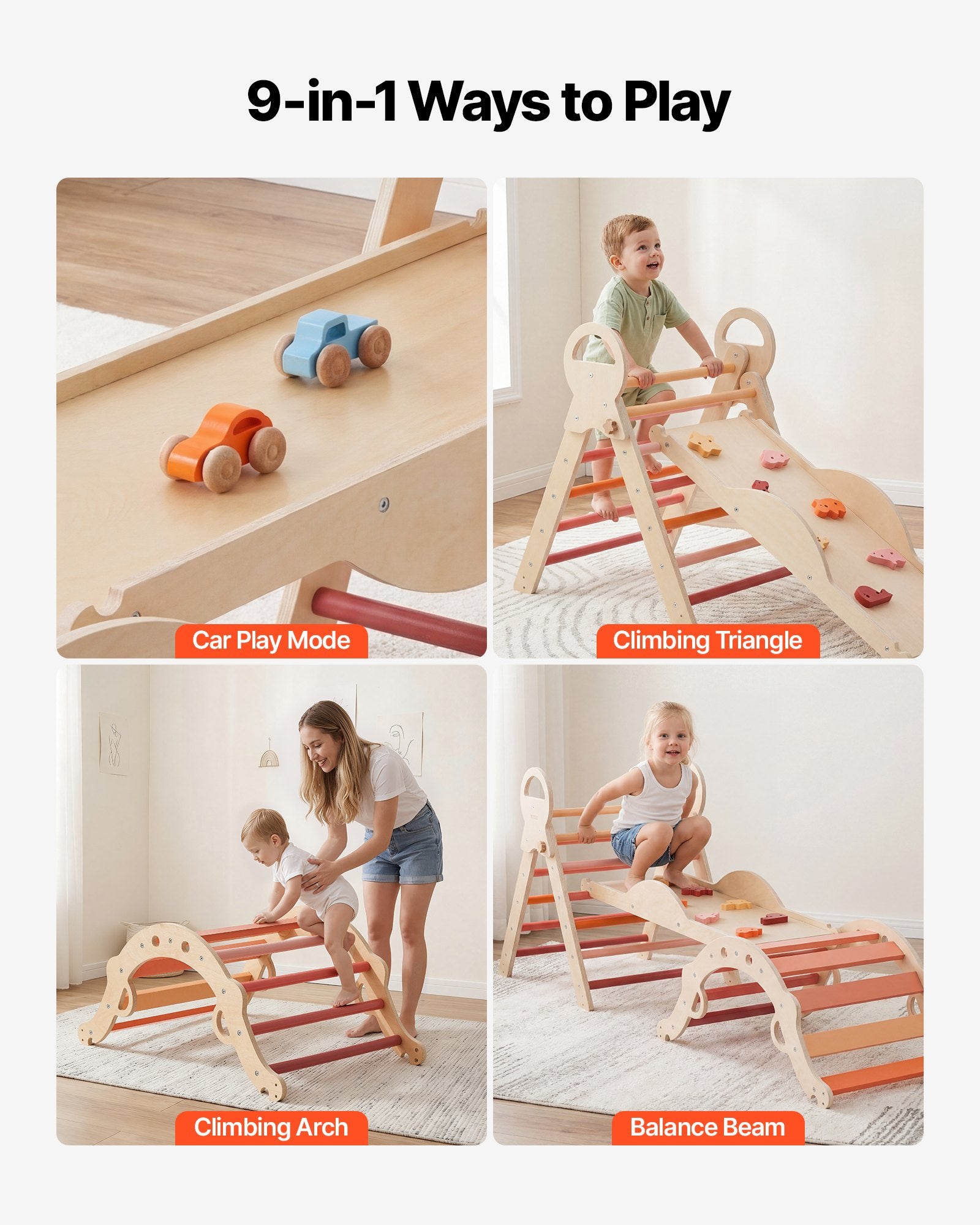 Foldable Montessori Climbing Set for Toddlers: 9-in-1 Pikler Triangle with Wooden Cars, Cushion, Arch & Ramp, 150 lbs Capacity, Easy Setup, Orange